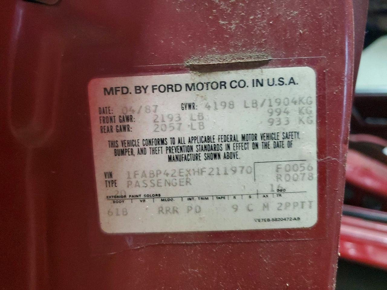 1987 Ford Mustang Gt Red vin: 1FABP42EXHF211970