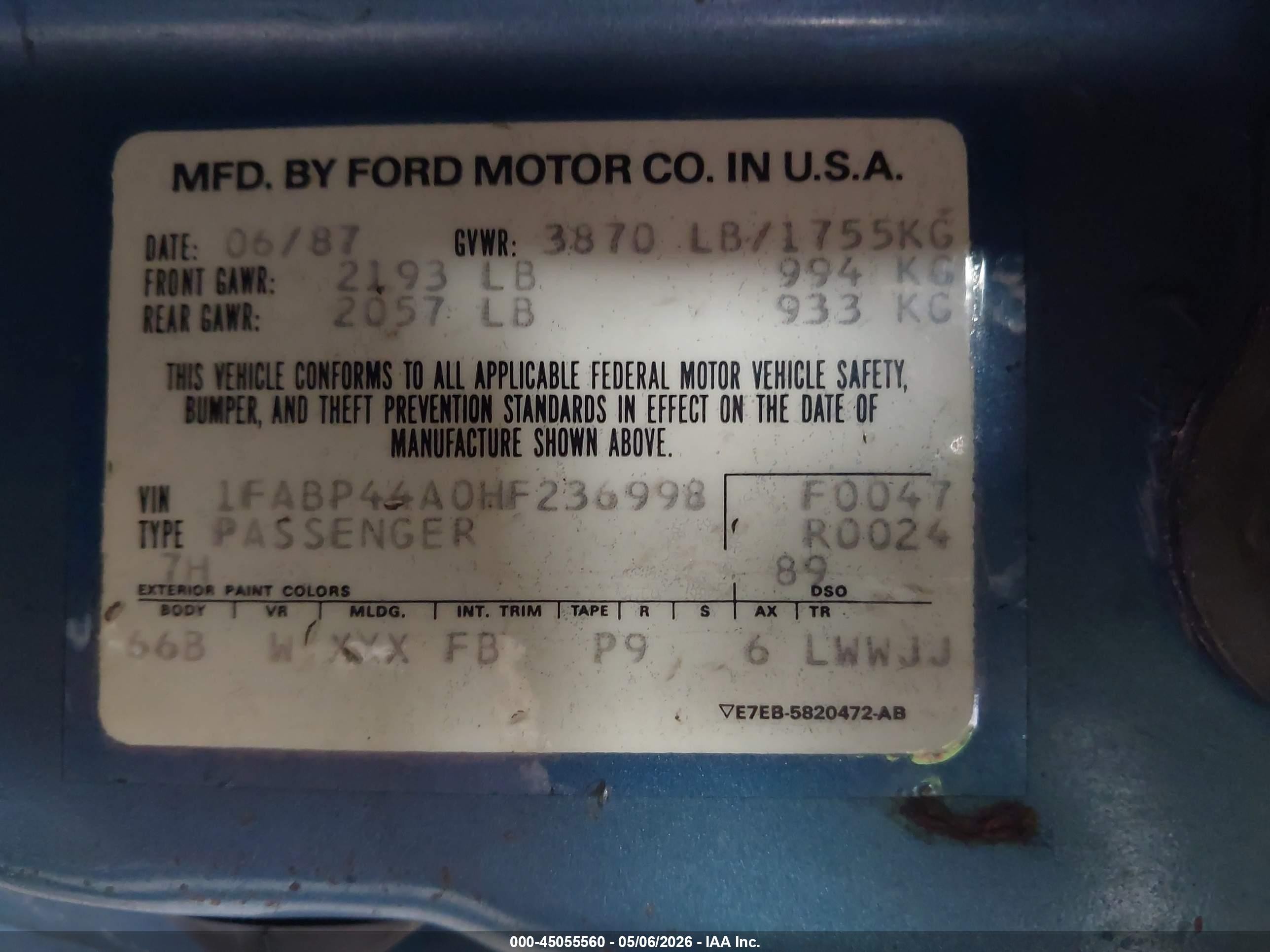 1987 Ford Mustang Lx Blue vin: 1FABP44A0HF236998