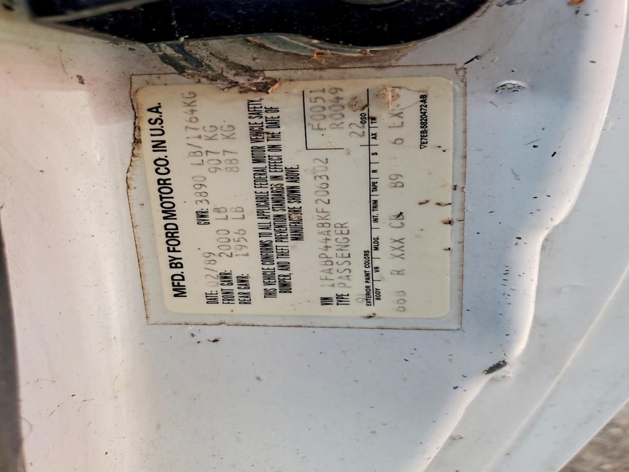 1989 Ford Mustang Lx White vin: 1FABP44A8KF206302