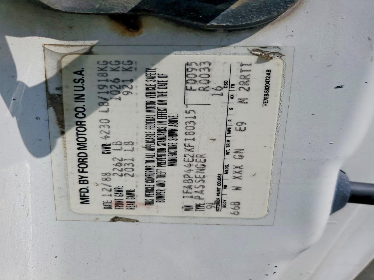 1989 Ford Mustang Lx White vin: 1FABP44E2KF180315