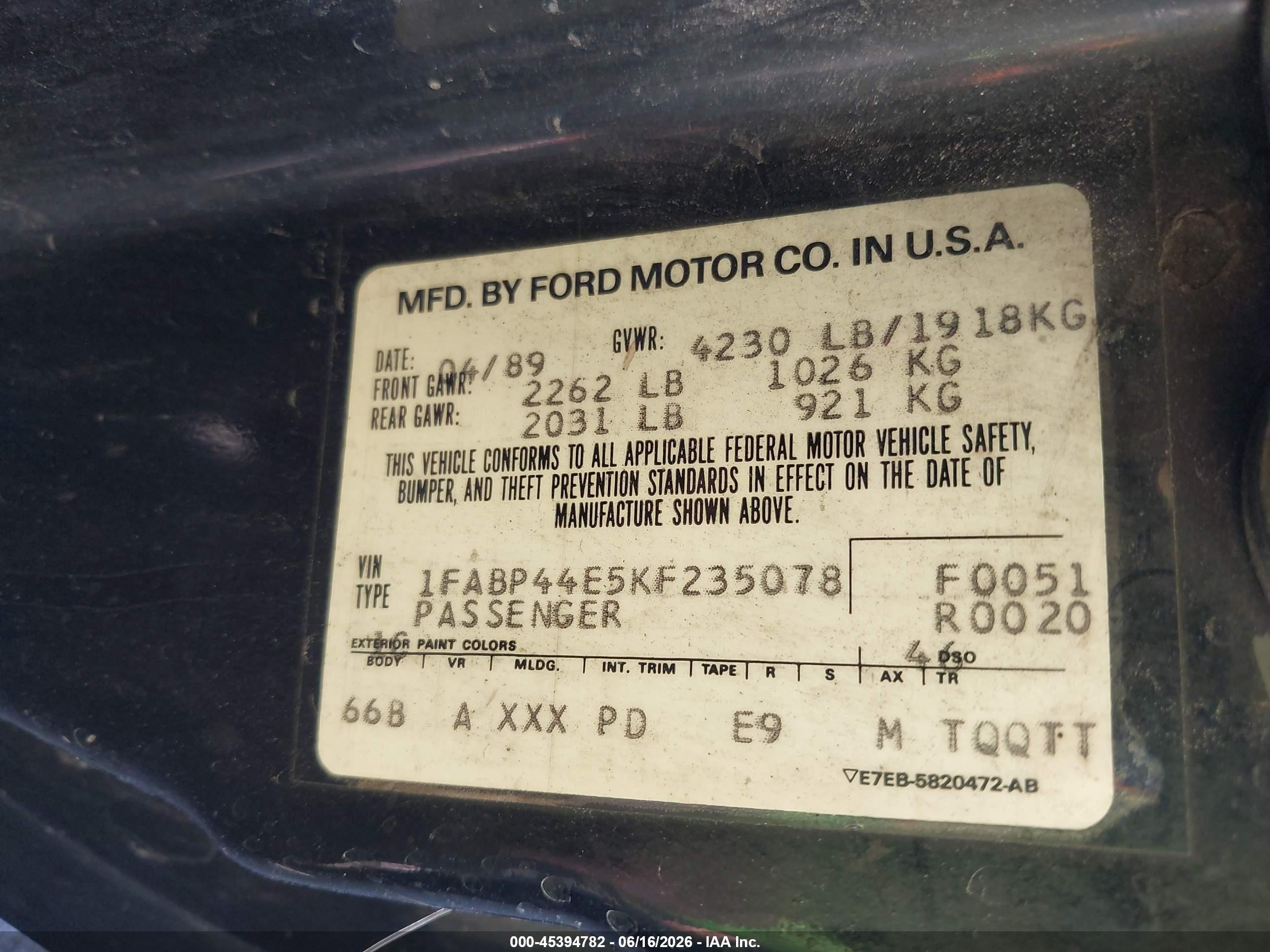 1989 Ford Mustang Lx Black vin: 1FABP44E5KF235078