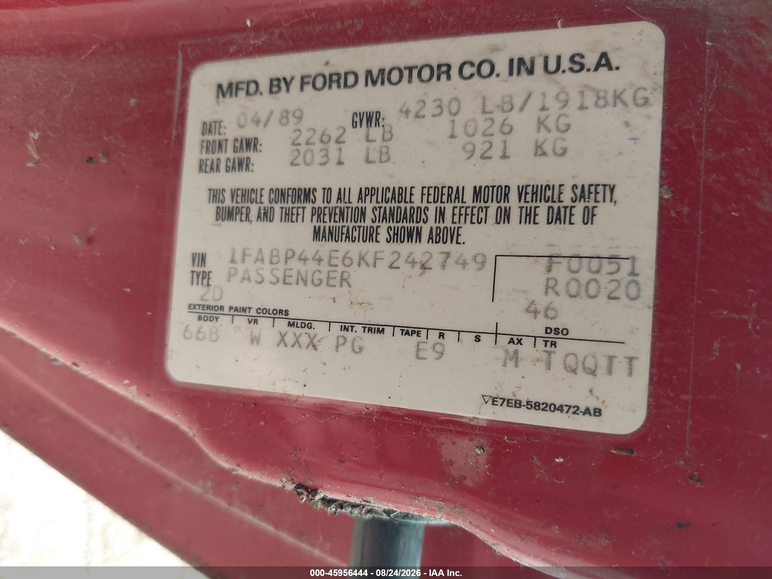 1989 Ford Mustang Lx Red vin: 1FABP44E6KF242749