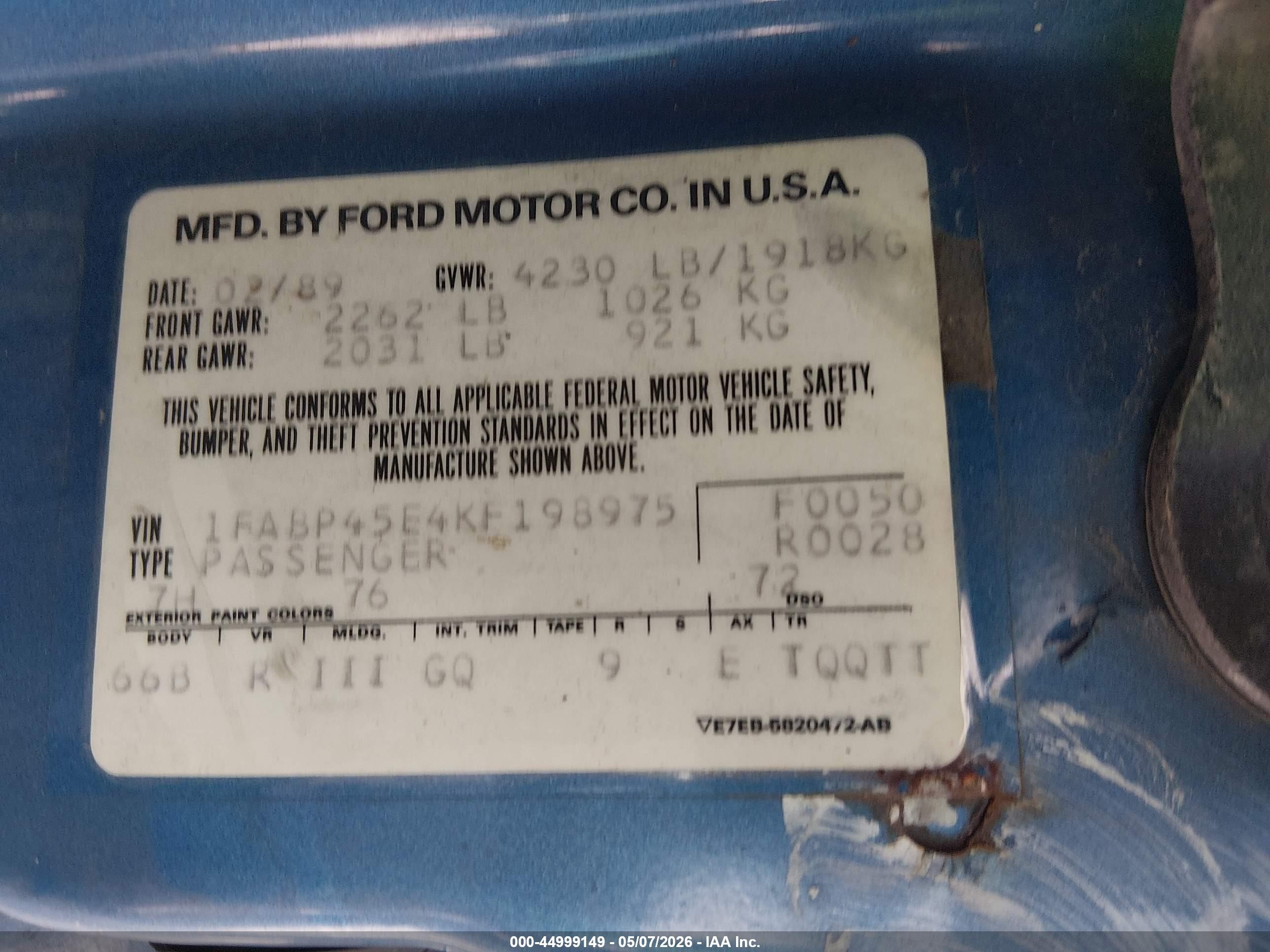 1989 Ford Mustang Gt/cobra Gt Blue vin: 1FABP45E4KF198975