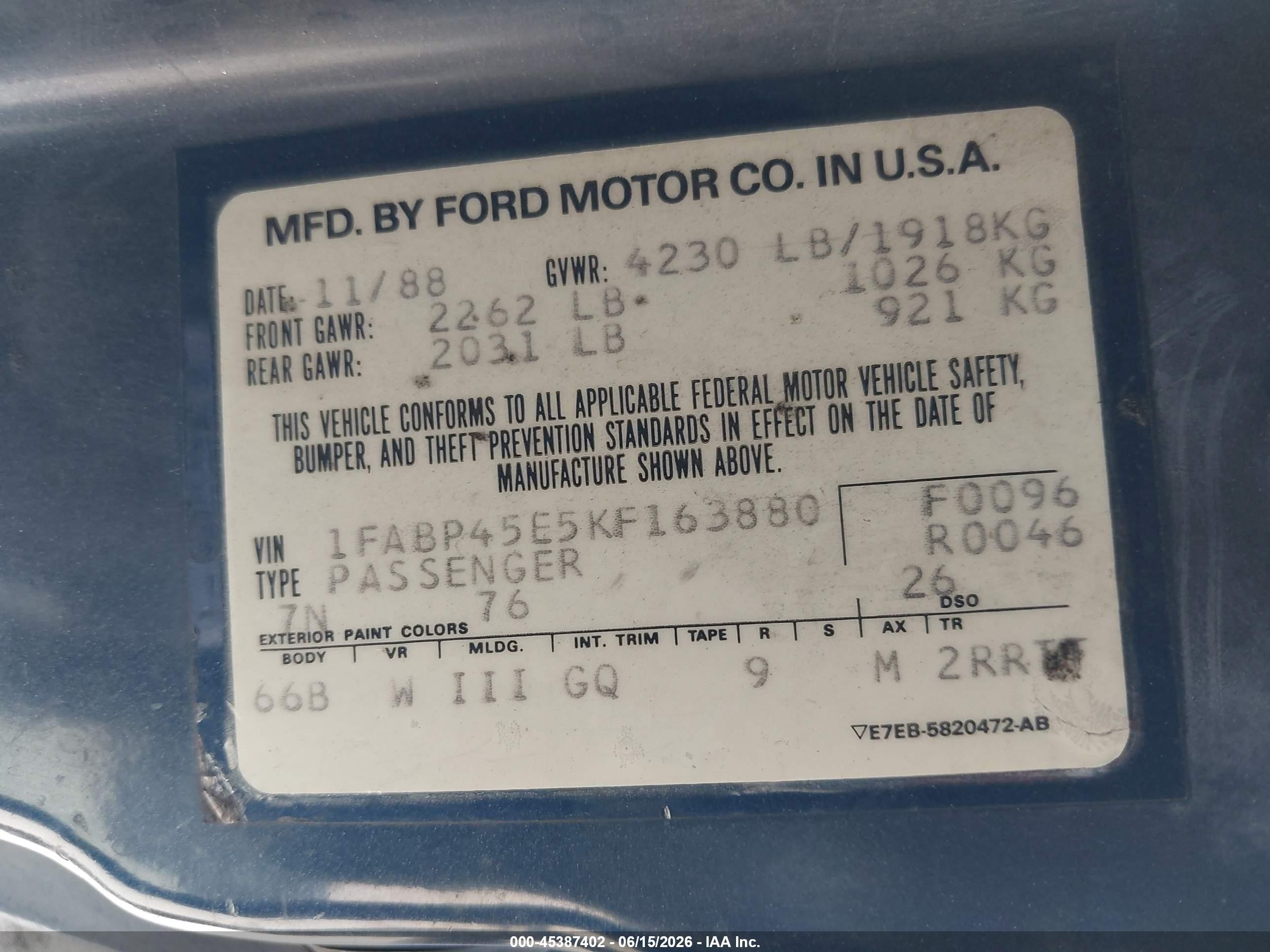 1989 Ford Mustang Gt/cobra Gt Dark Blue vin: 1FABP45E5KF163880