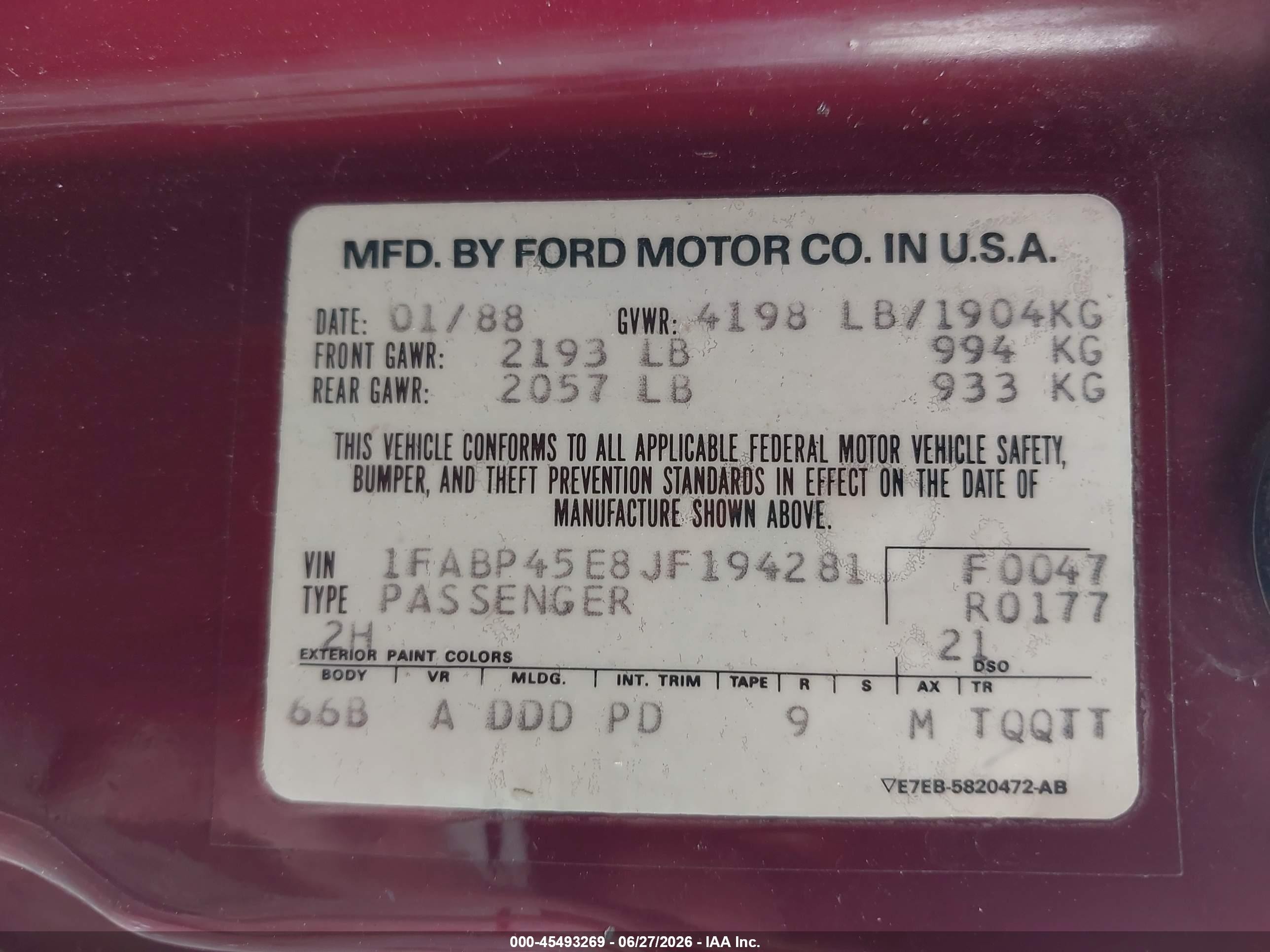 1988 Ford Mustang Gt Maroon vin: 1FABP45E8JF194281