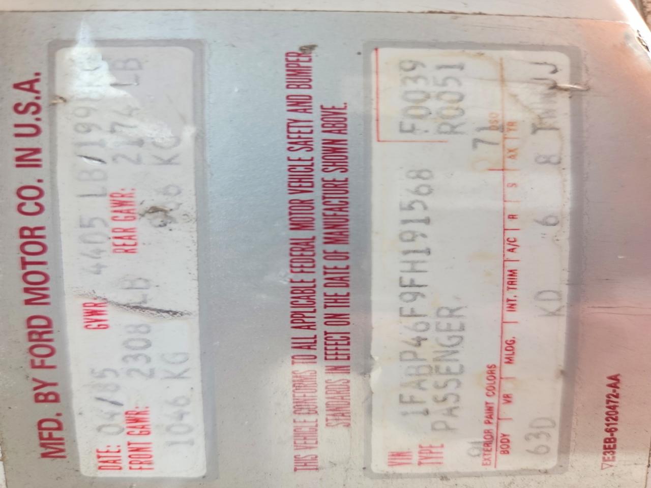 1985 Ford Thunderbird White vin: 1FABP46F9FH191568
