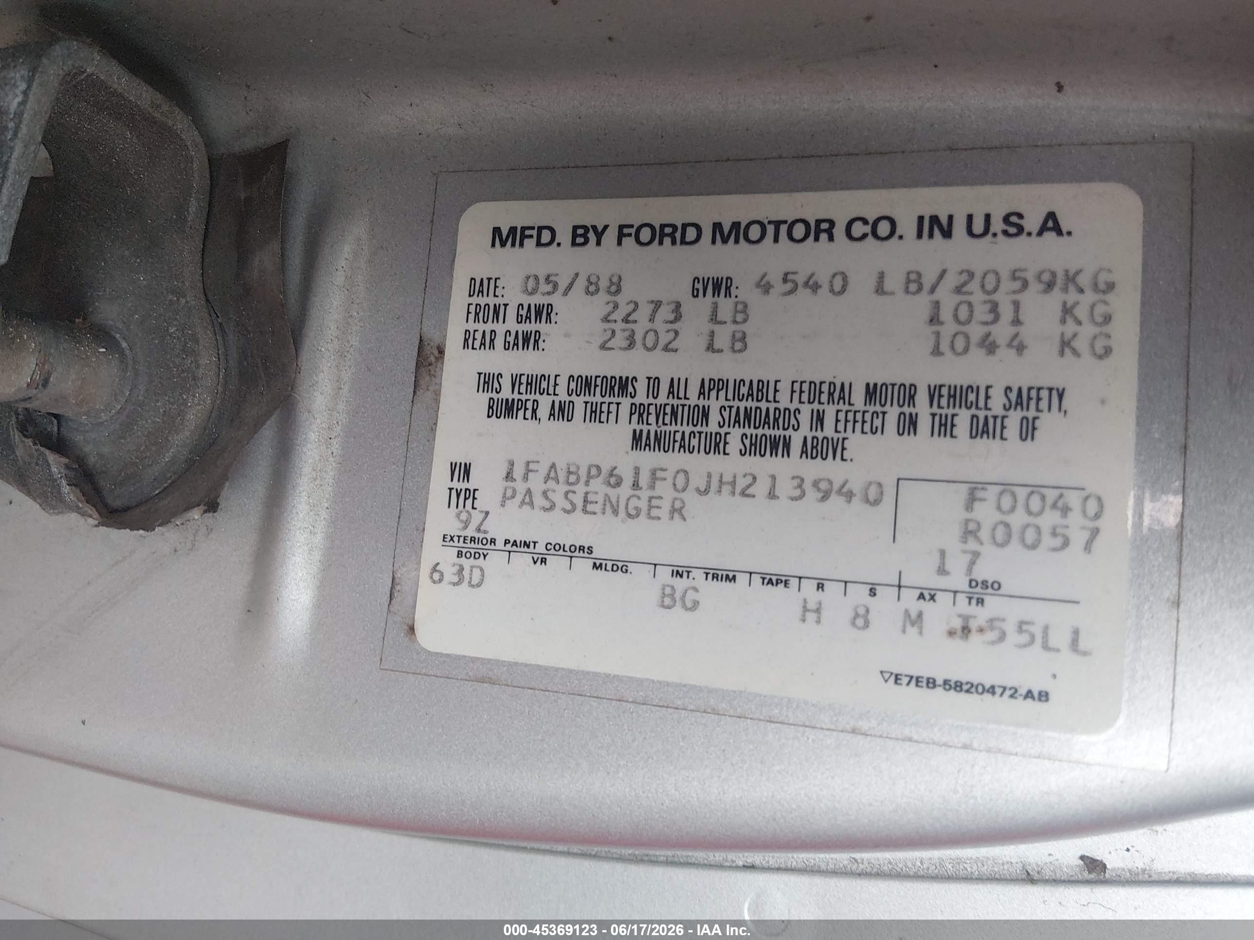 1988 Ford Thunderbird Sport Silver vin: 1FABP61F0JH213940