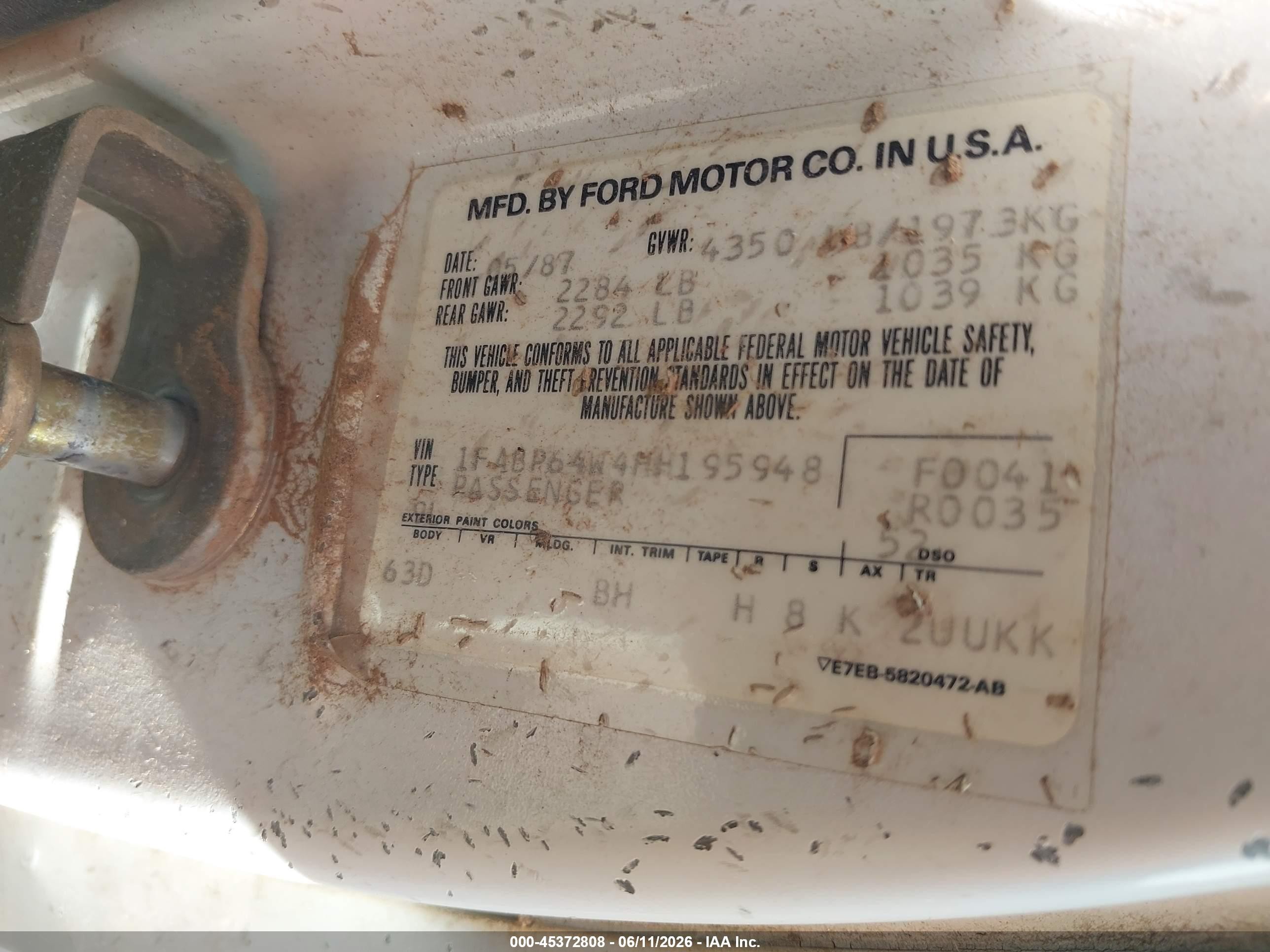 1987 Ford Thunderbird   White vin: 1FABP64W4HH195948
