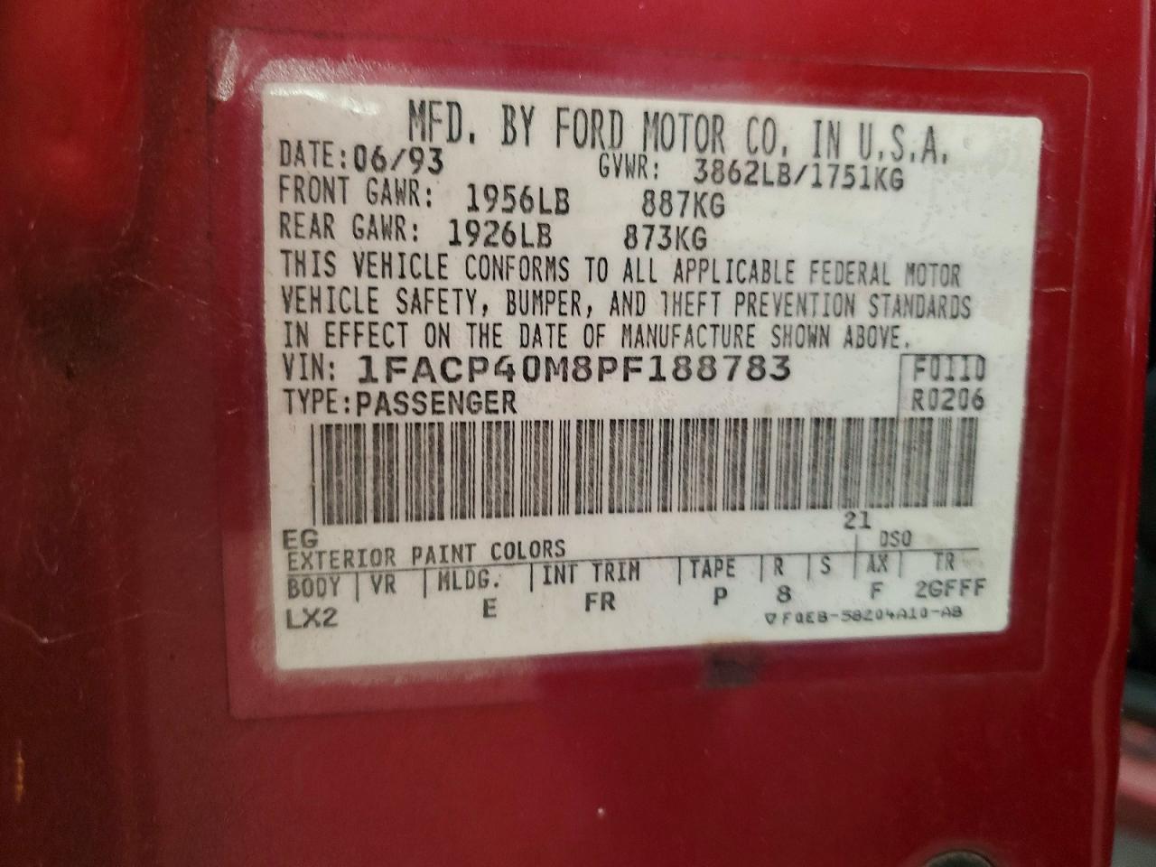 1993 Ford Mustang Lx Red vin: 1FACP40M8PF188783