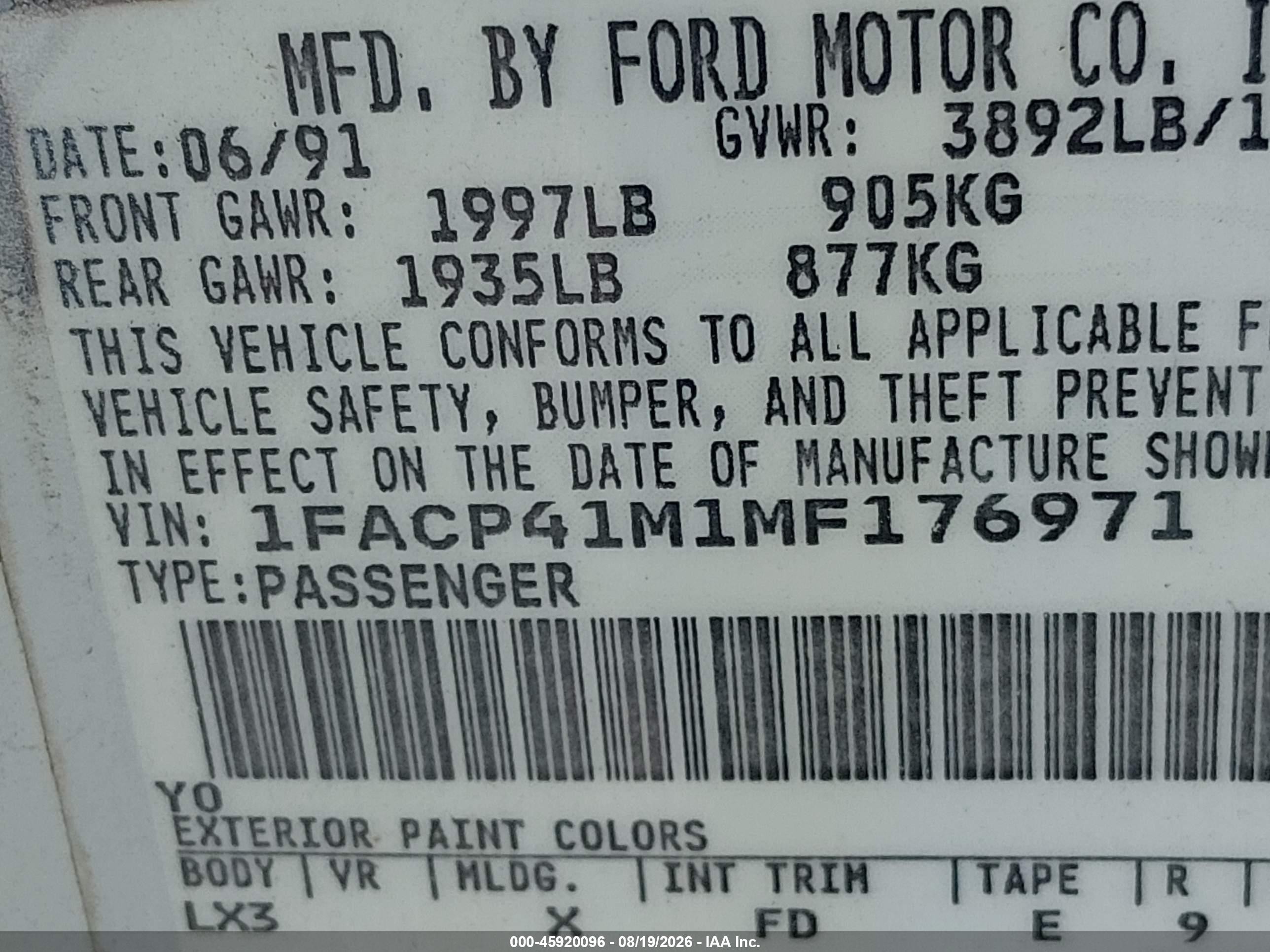 1991 Ford Mustang Lx White vin: 1FACP41M1MF176971