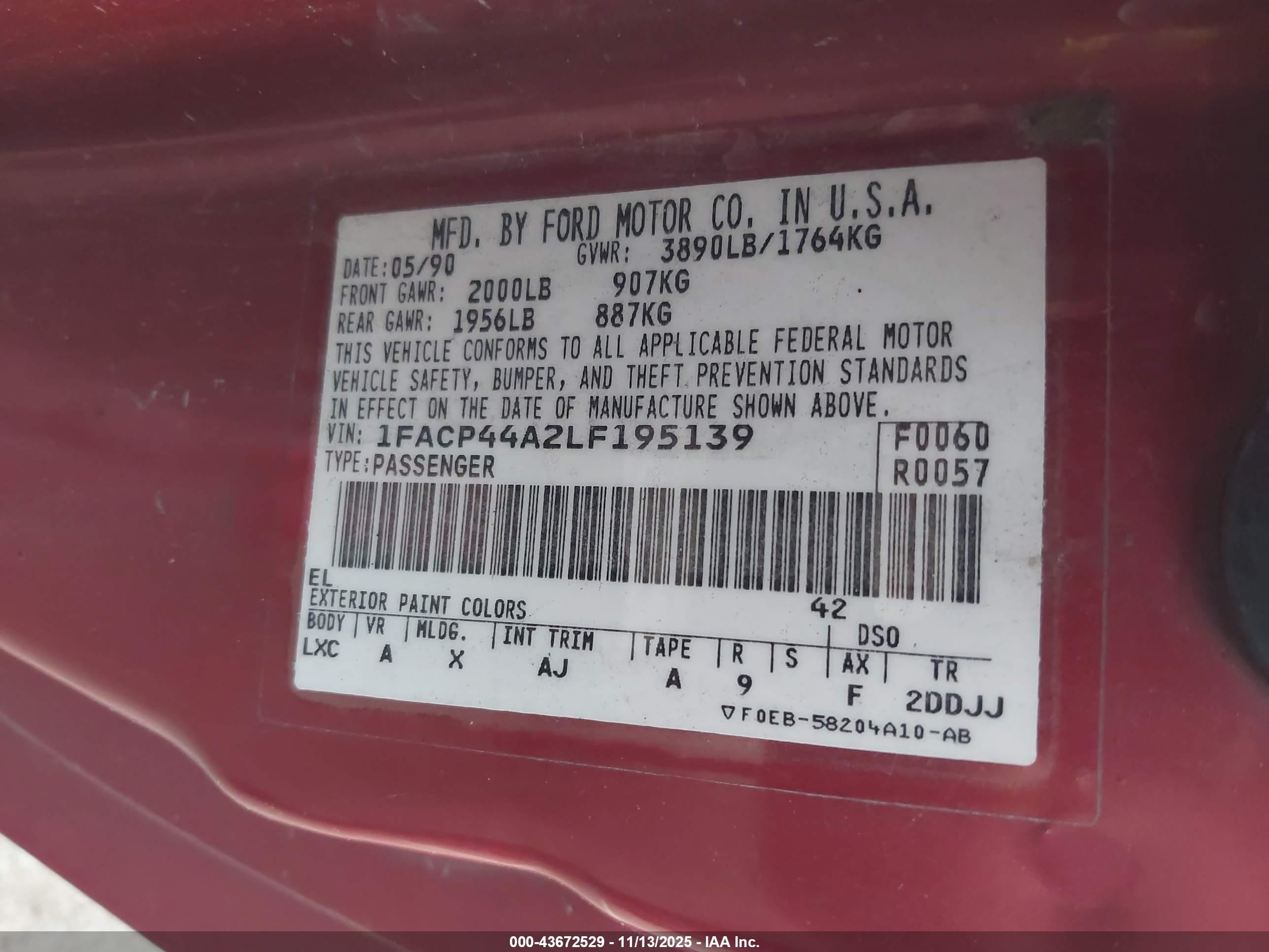 1990 Ford Mustang Lx Red vin: 1FACP44A2LF195139