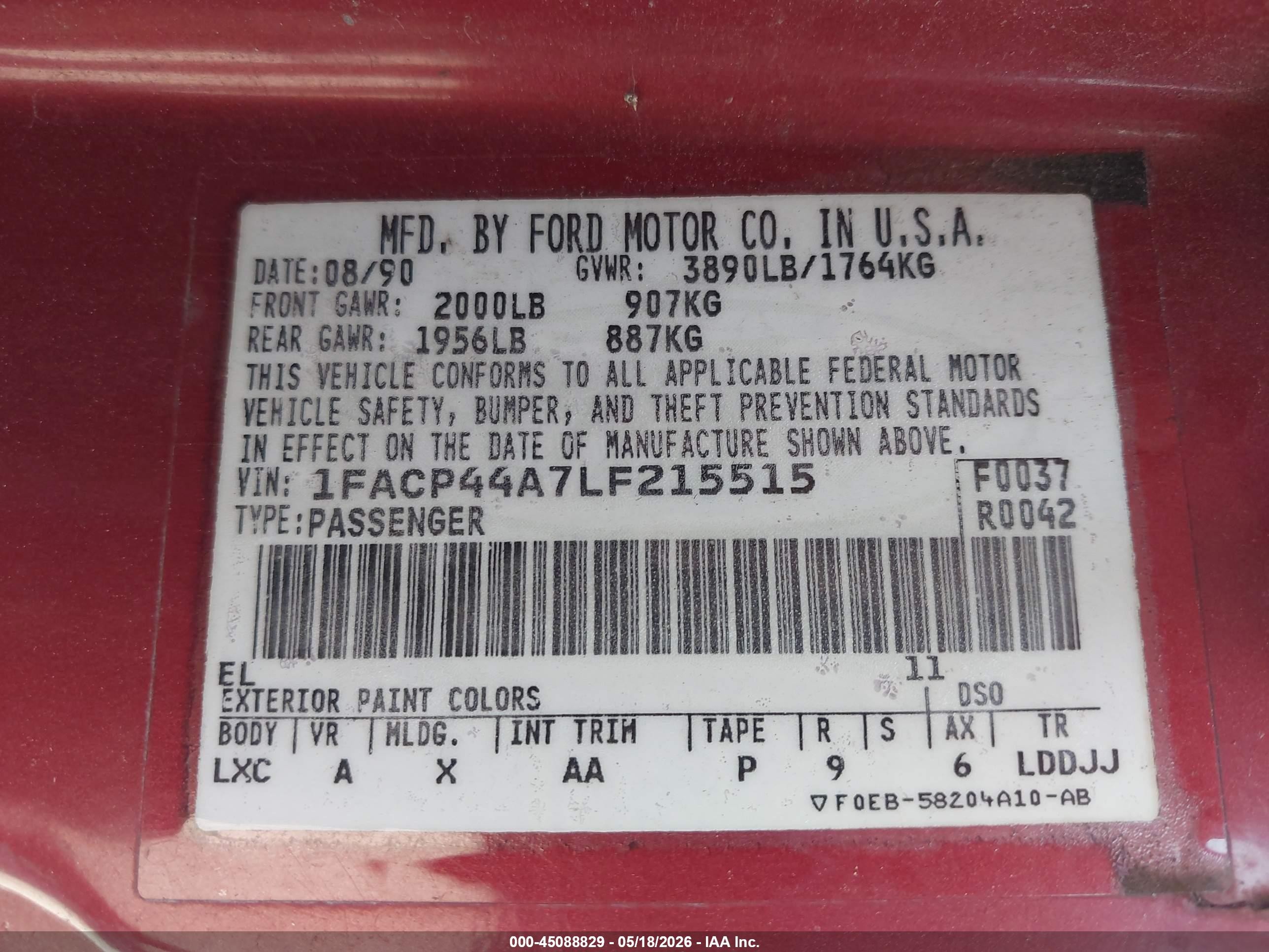 1990 Ford Mustang Lx Red vin: 1FACP44A7LF215515
