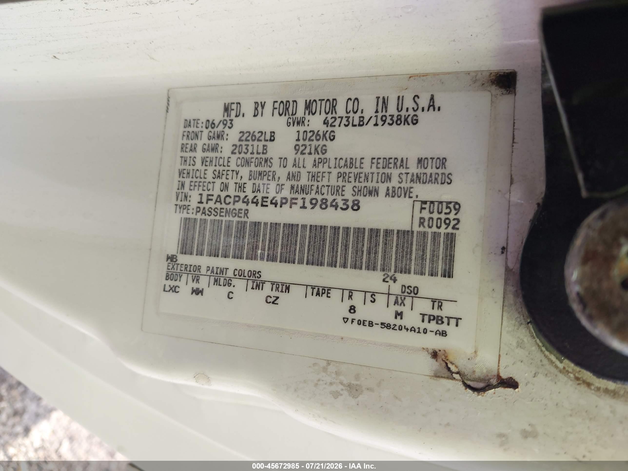 1993 Ford Mustang Lx White vin: 1FACP44E4PF198438
