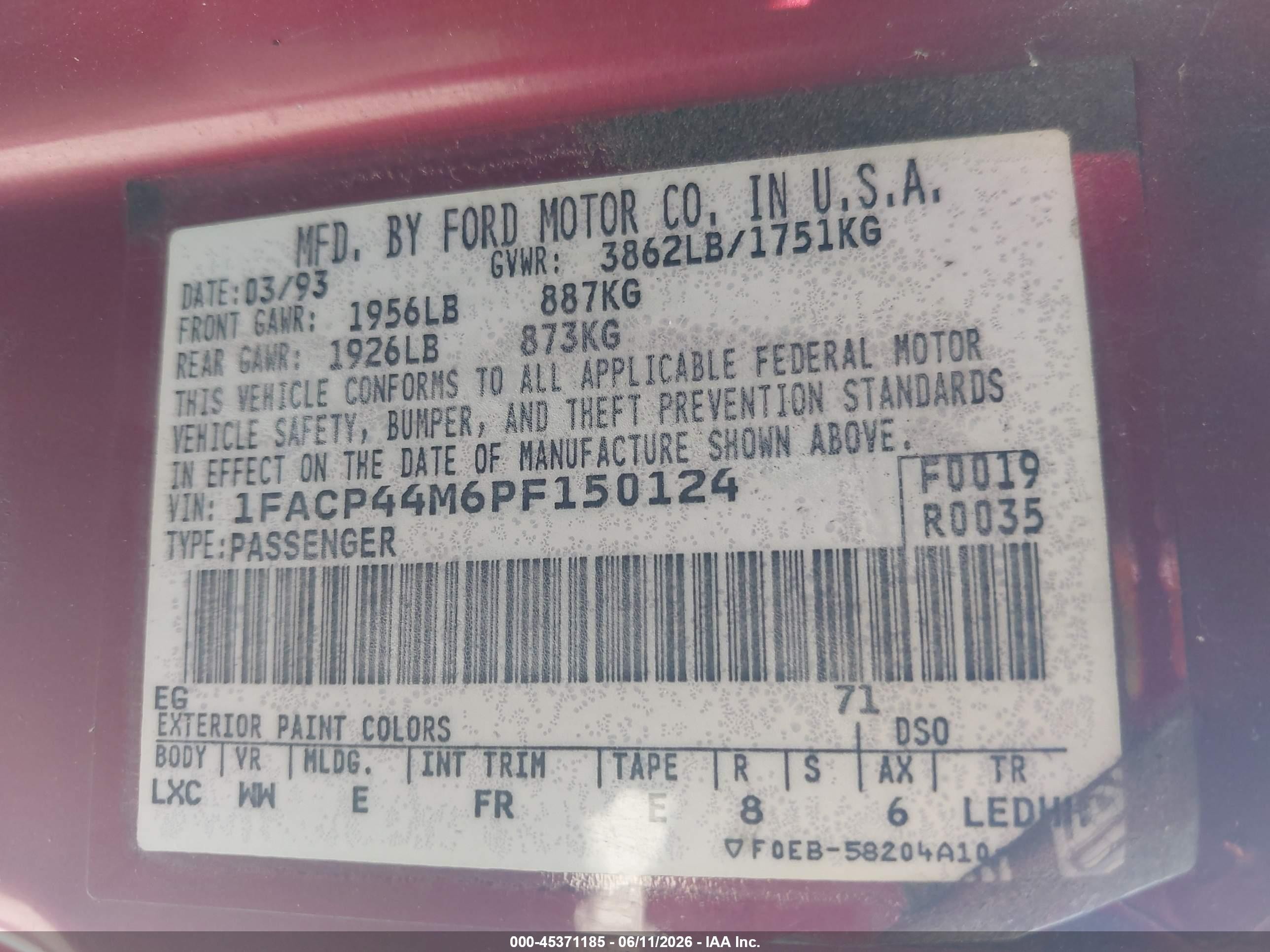 1993 Ford Mustang Lx Бордовый vin: 1FACP44M6PF150124