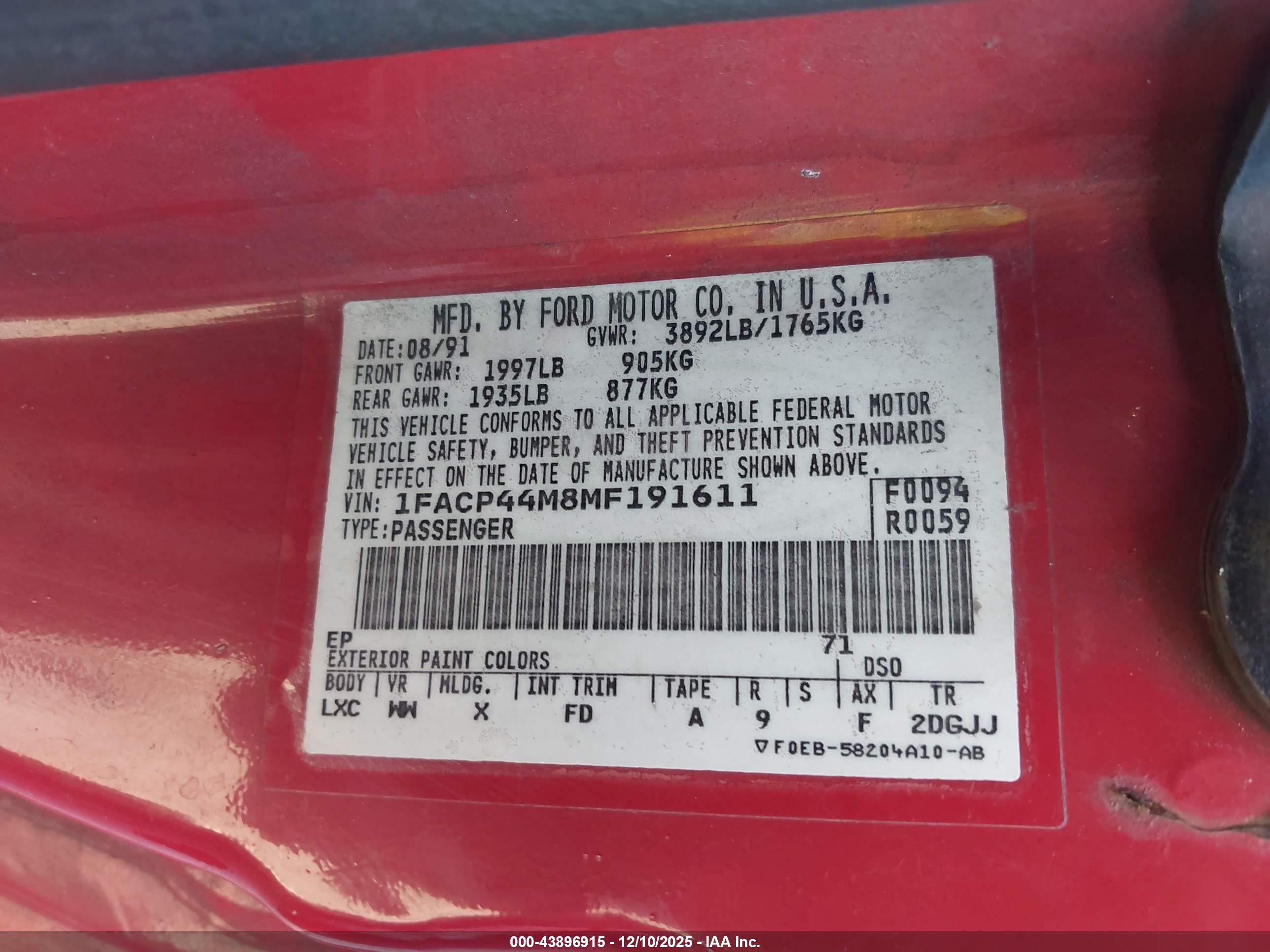 1991 Ford Mustang Lx Red vin: 1FACP44M8MF191611