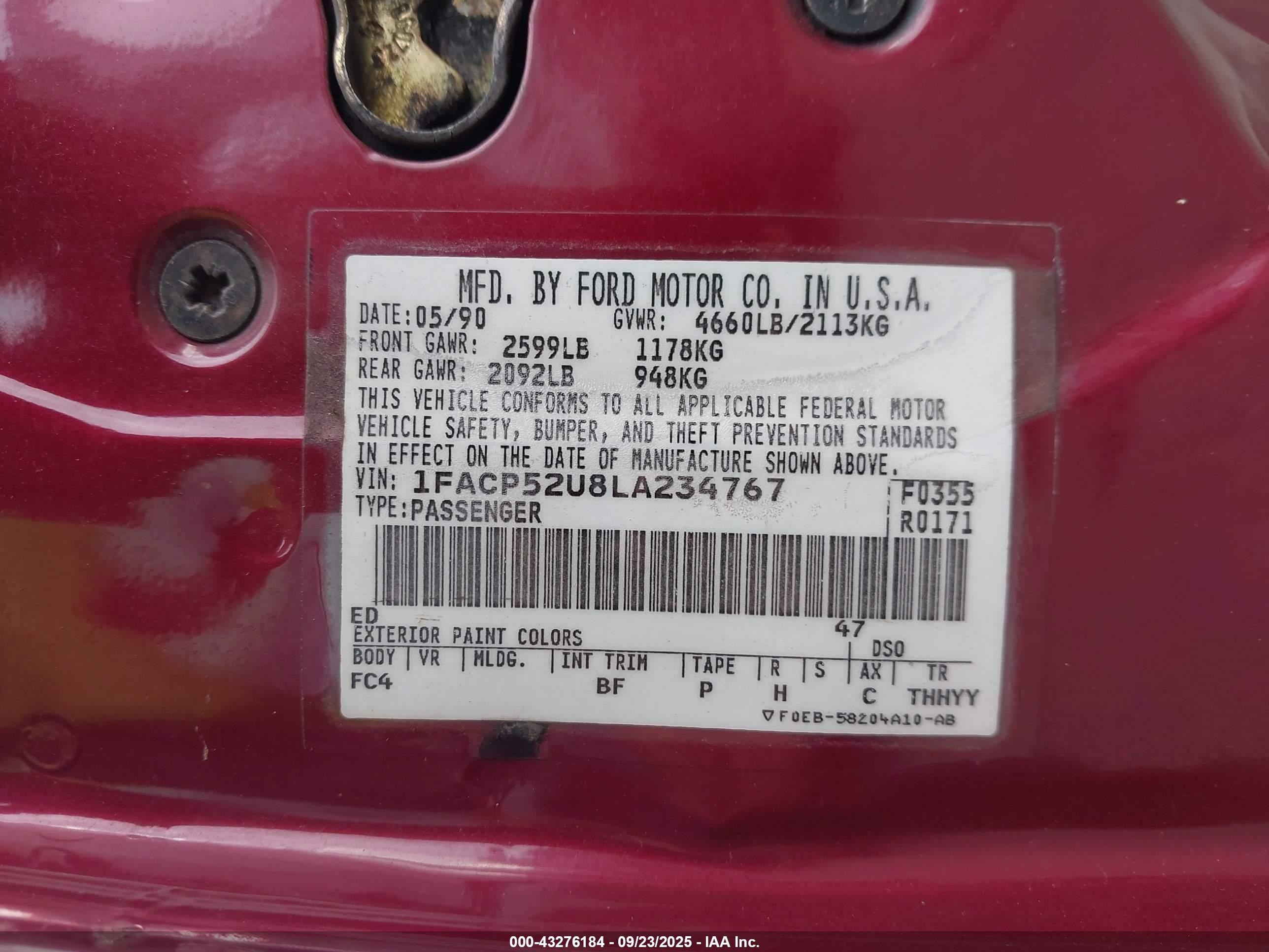 1990 Ford Taurus Gl Red vin: 1FACP52U8LA234767