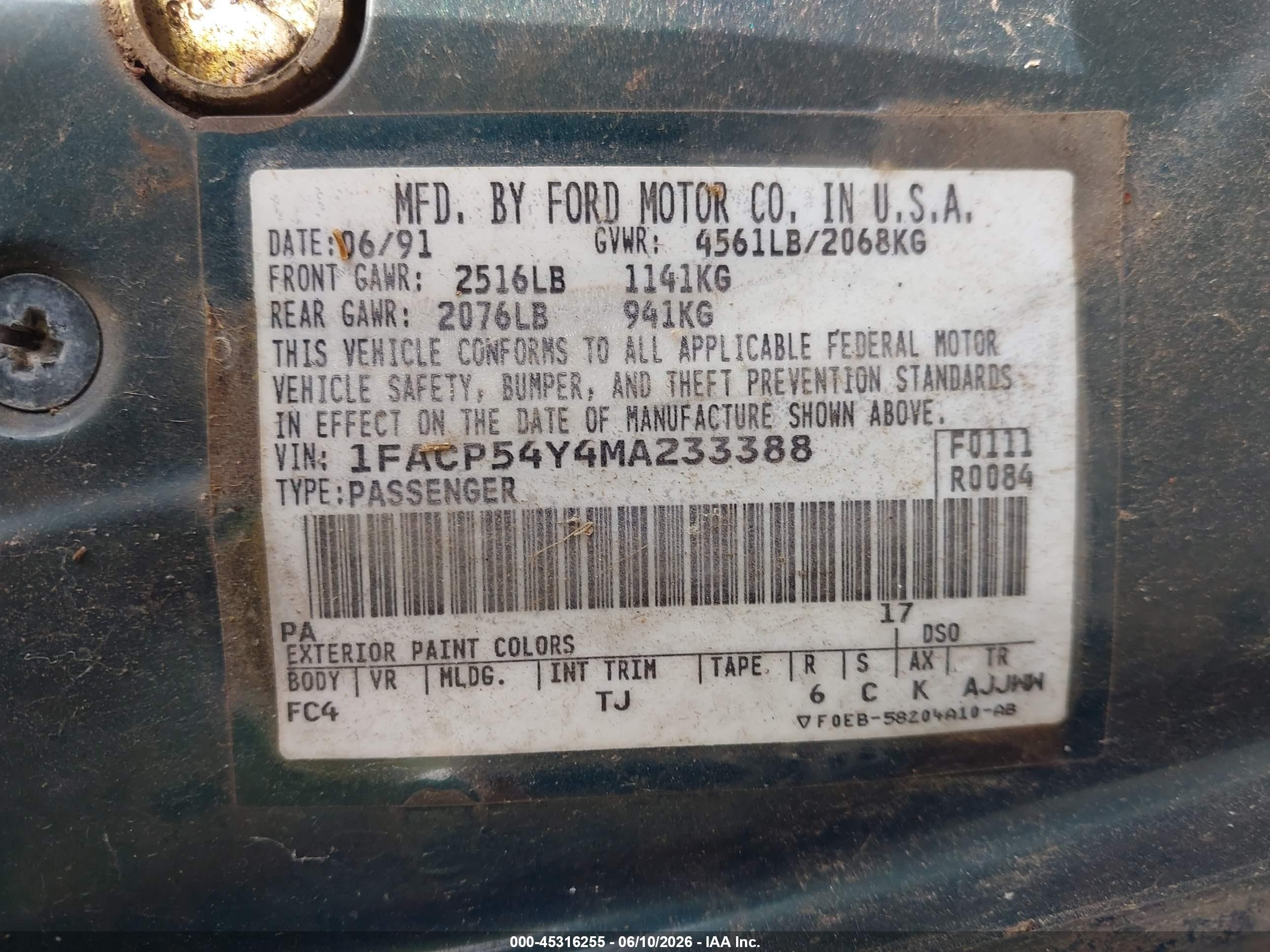 1991 Ford Taurus Sho Green vin: 1FACP54Y4MA233388