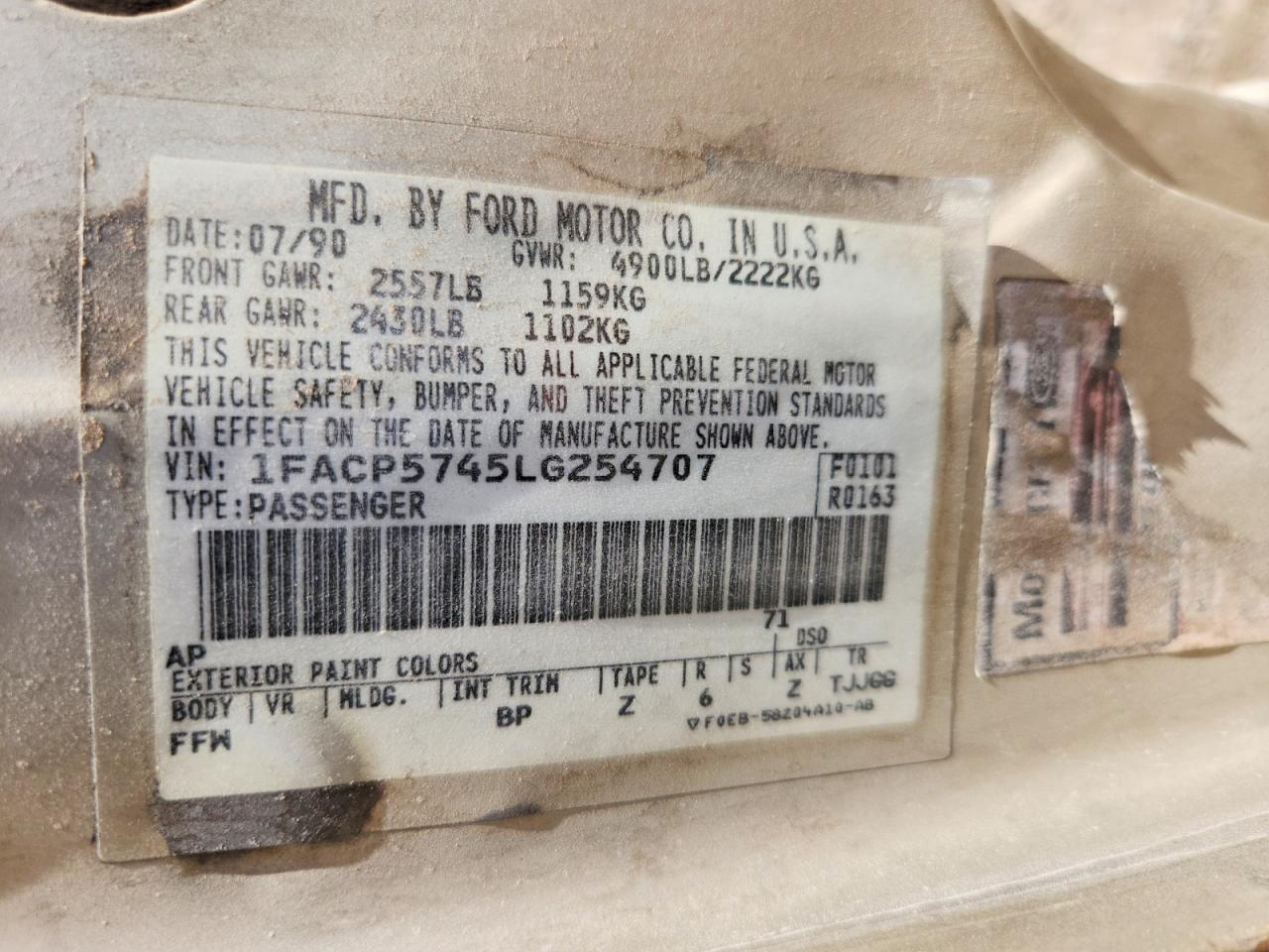 1990 Ford Taurus Gl Золотой vin: 1FACP5745LG254707