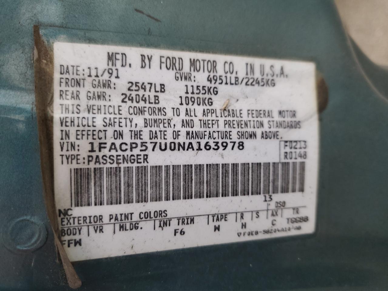 1992 Ford Taurus Gl Teal vin: 1FACP57U0NA163978