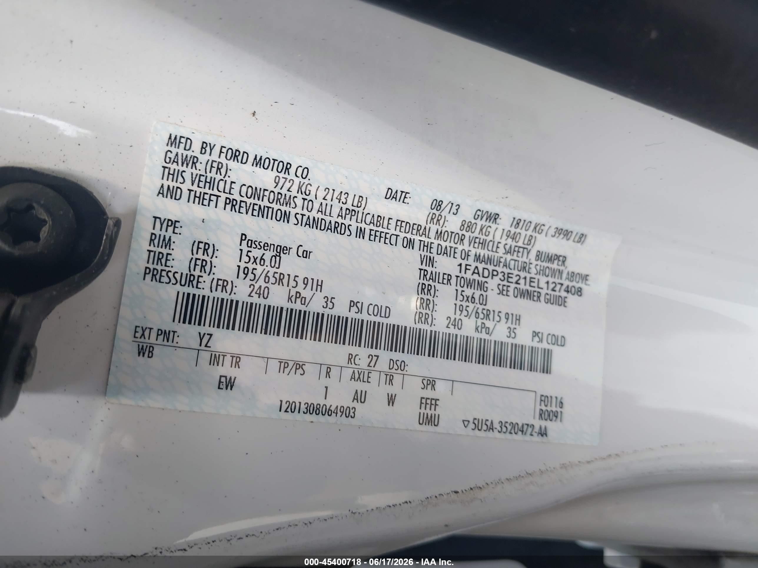 2014 Ford Focus S White vin: 1FADP3E21EL127408