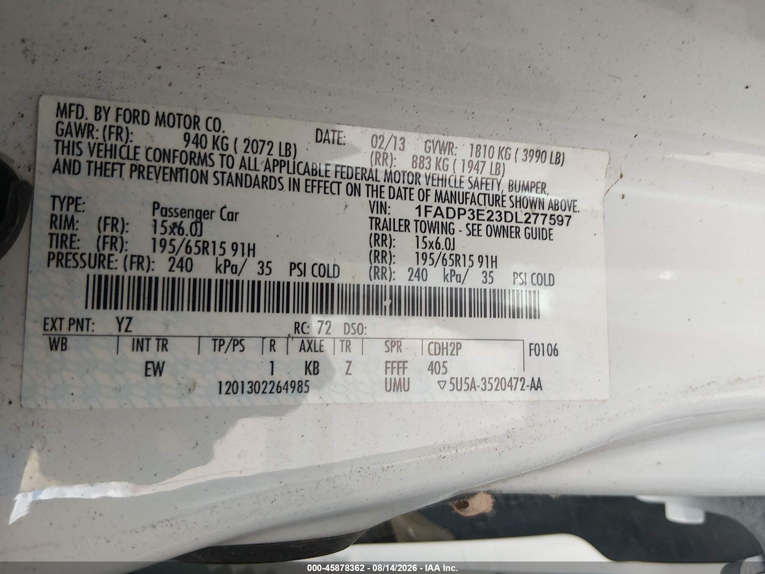 2013 Ford Focus S Белый vin: 1FADP3E23DL277597
