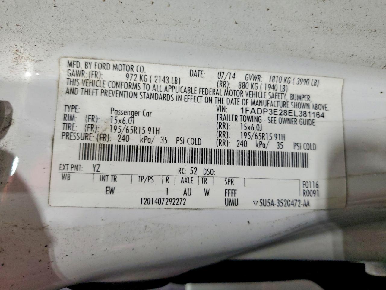 2014 Ford Focus White vin: 1FADP3E28EL381164