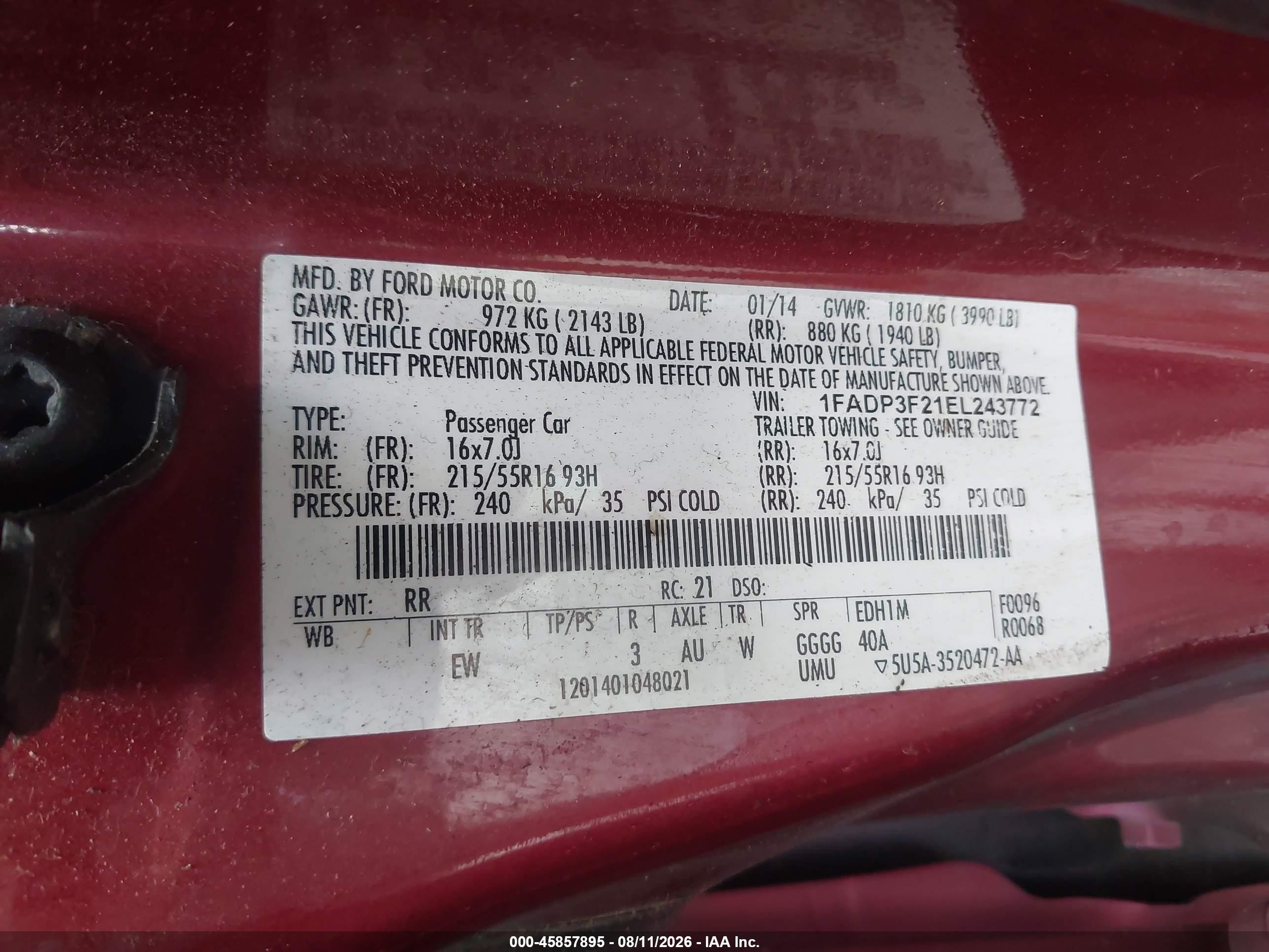 2014 Ford Focus Se Burgundy vin: 1FADP3F21EL243772