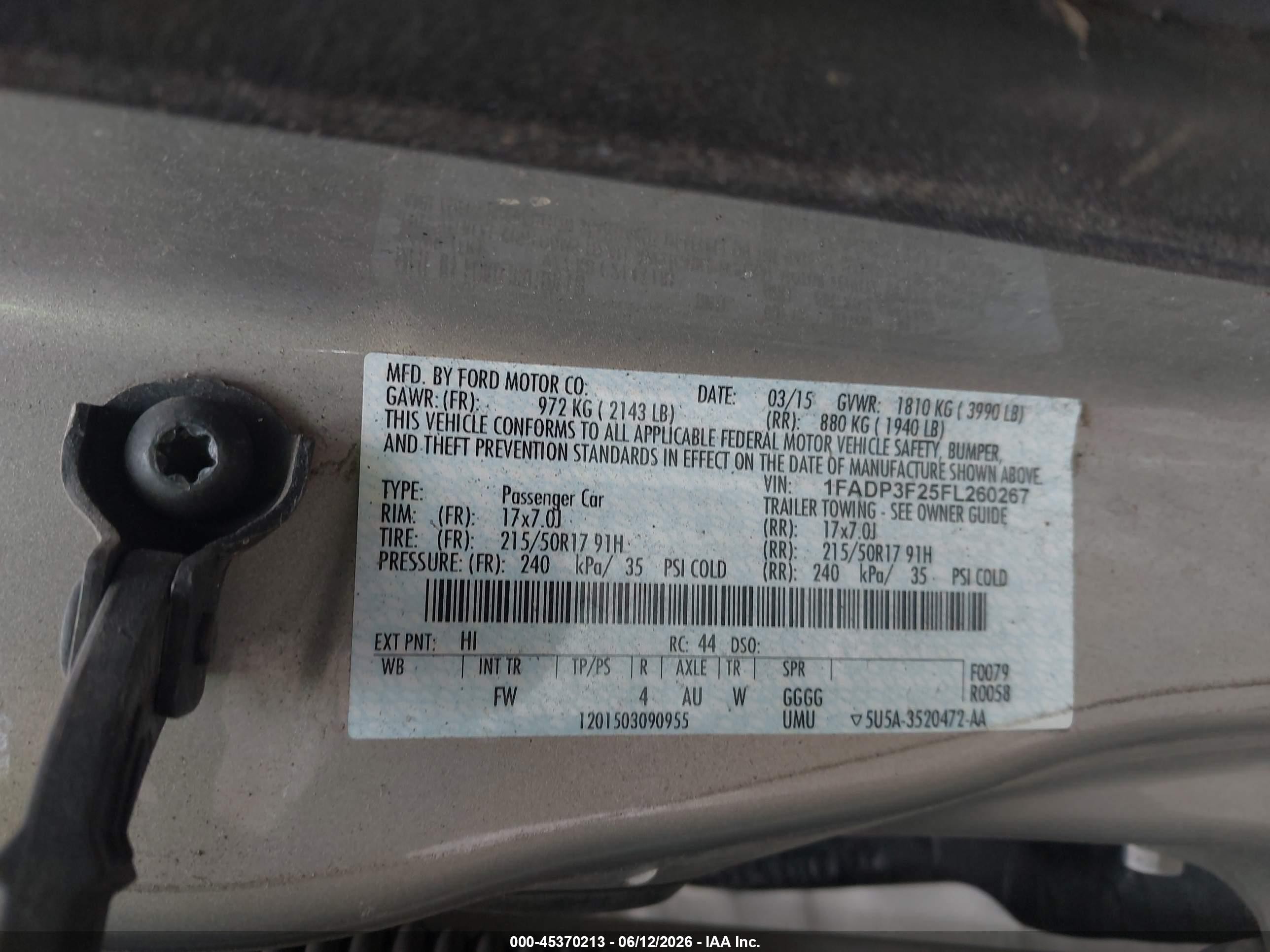 2015 Ford Focus Se Gold vin: 1FADP3F25FL260267