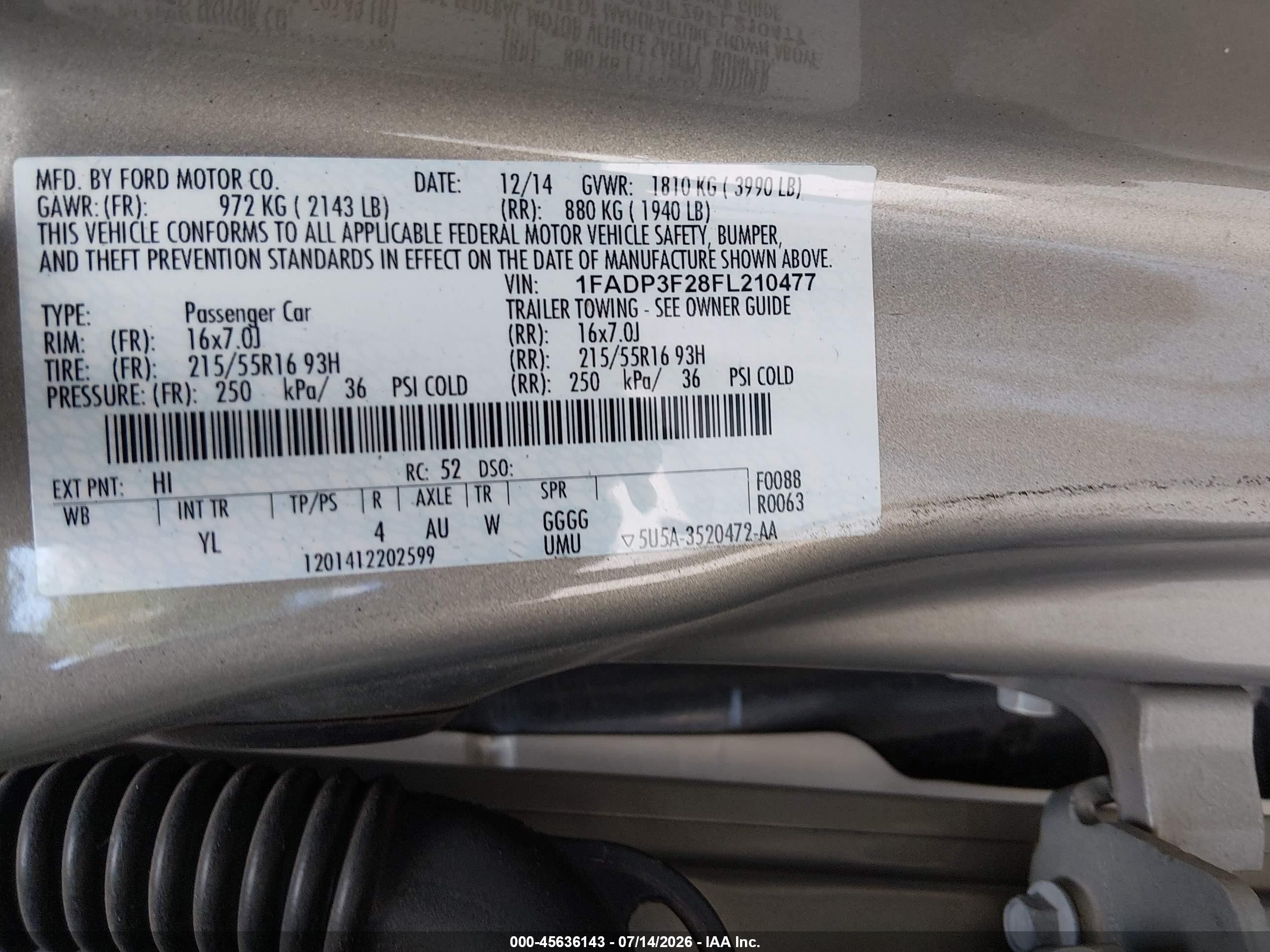2015 Ford Focus Se Gold vin: 1FADP3F28FL210477