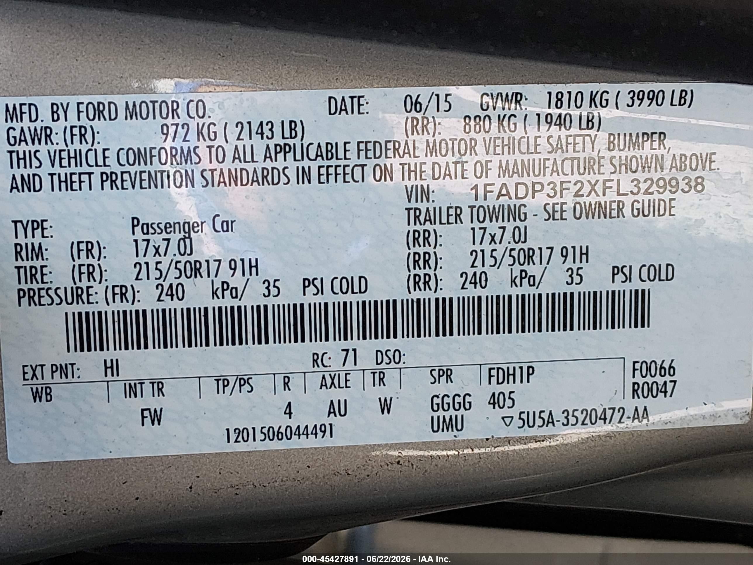 2015 Ford Focus Se Gold vin: 1FADP3F2XFL329938