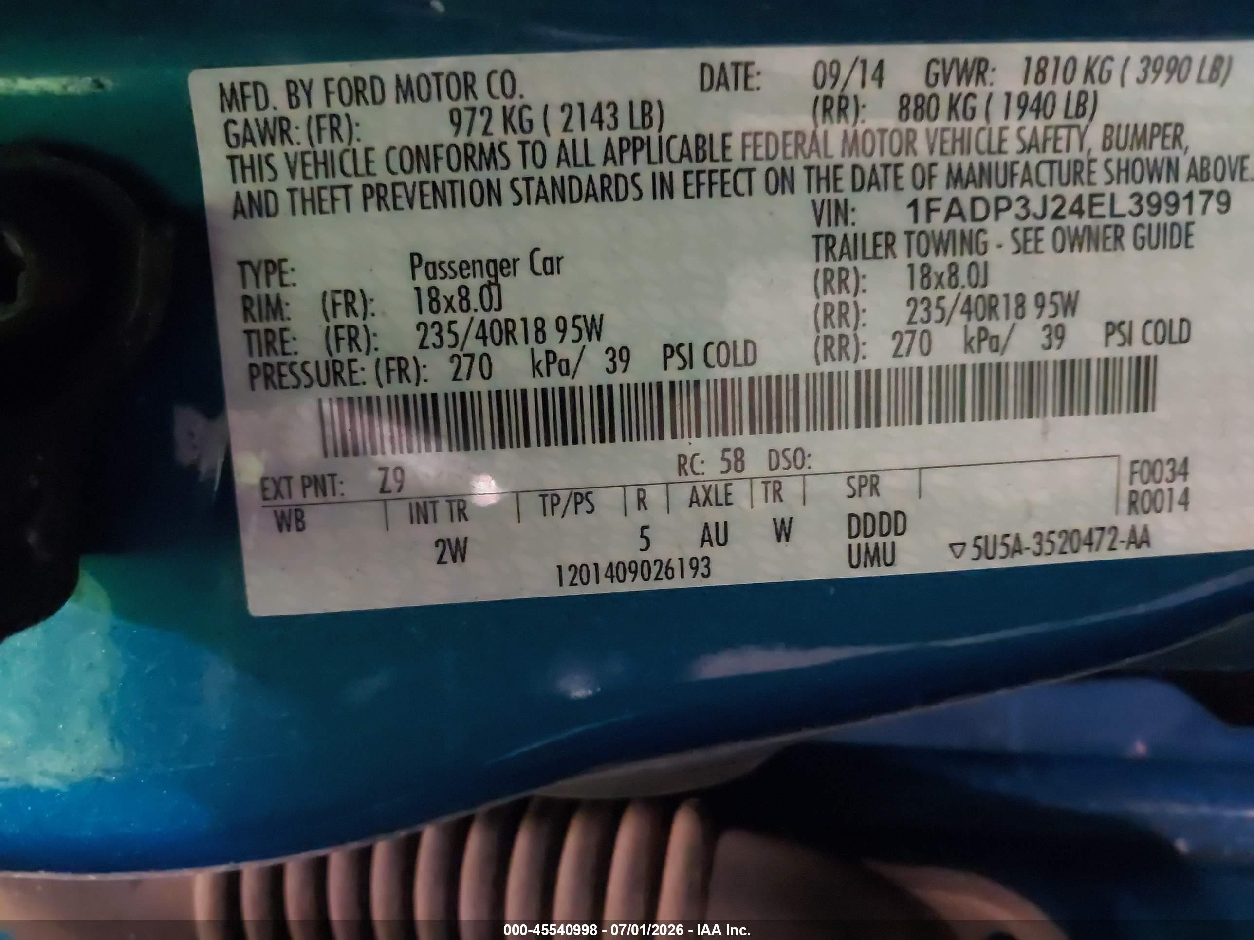 2014 Ford Focus Titanium Blue vin: 1FADP3J24EL399179