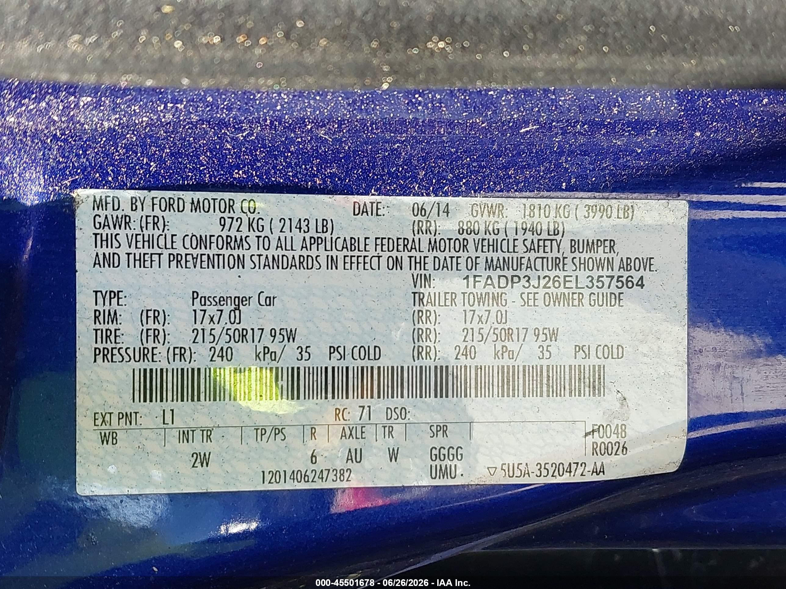 2014 Ford Focus Titanium Blue vin: 1FADP3J26EL357564