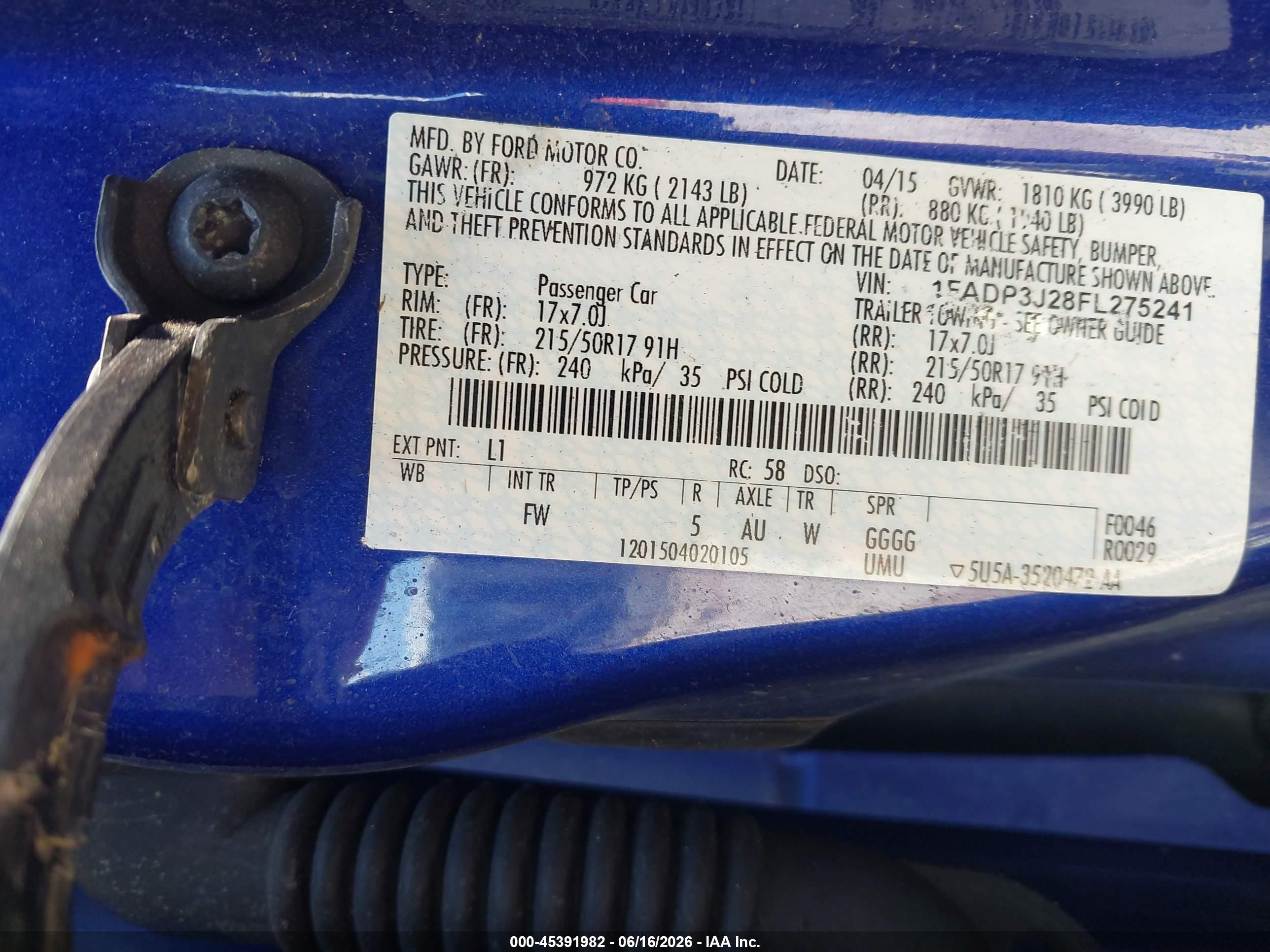 2015 Ford Focus Titanium Blue vin: 1FADP3J28FL275241