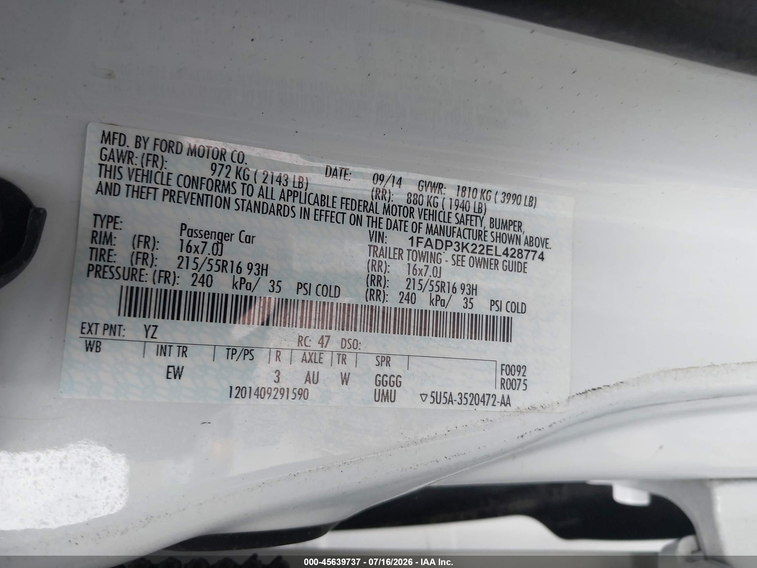 2014 Ford Focus Se White vin: 1FADP3K22EL428774