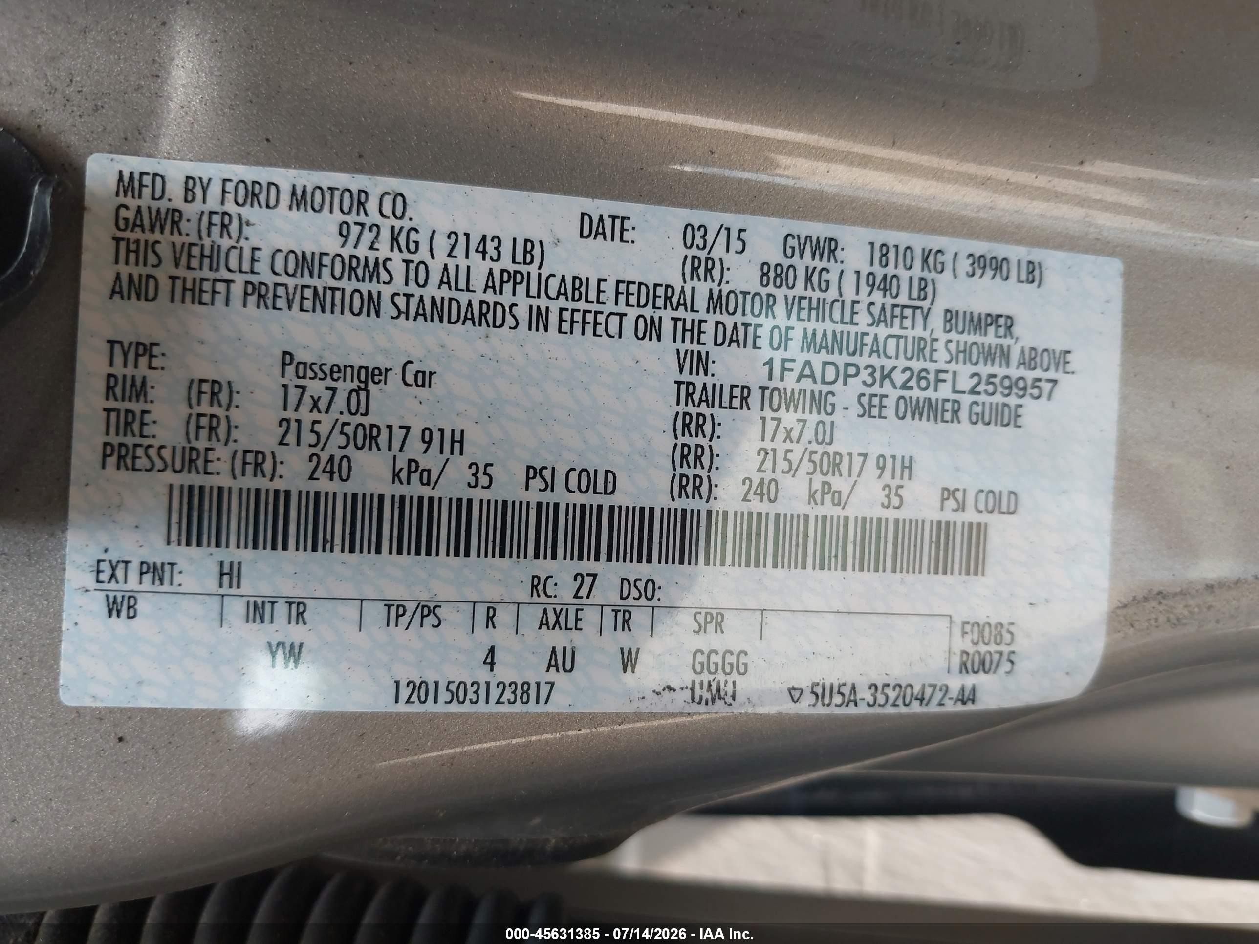2015 Ford Focus Se Gold vin: 1FADP3K26FL259957