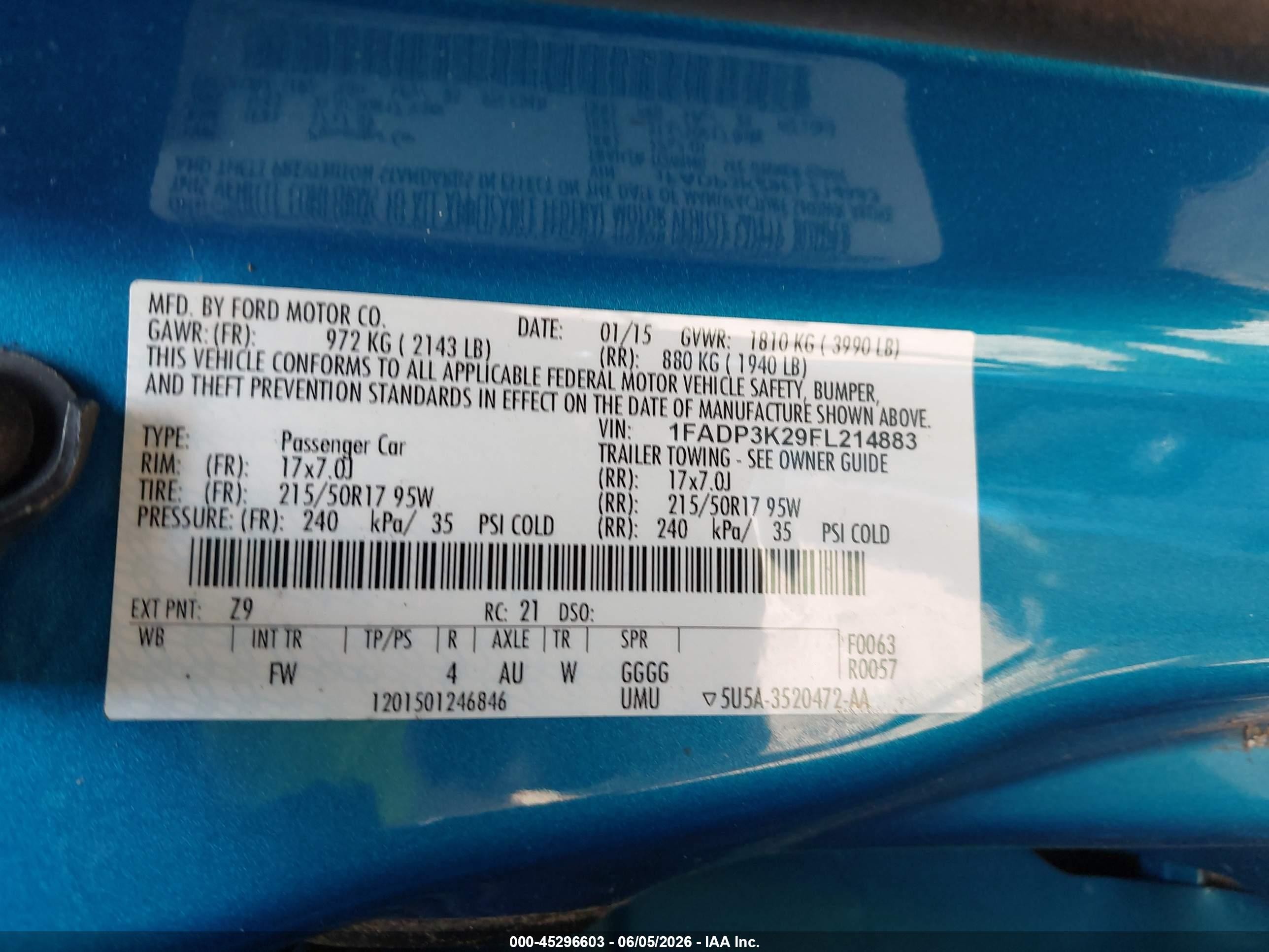 2015 Ford Focus Se Blue vin: 1FADP3K29FL214883