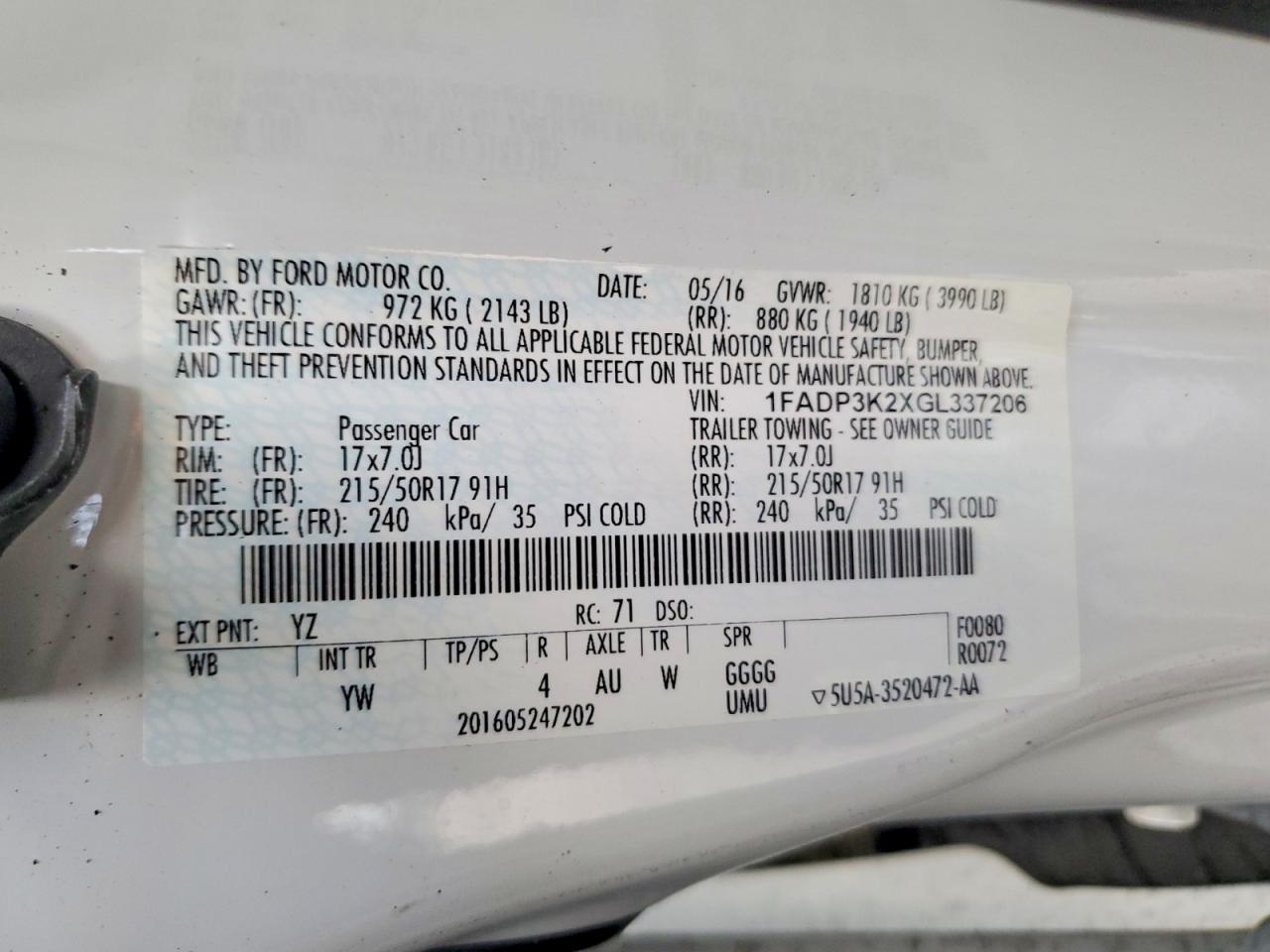 2016 Ford Focus Se White vin: 1FADP3K2XGL337206