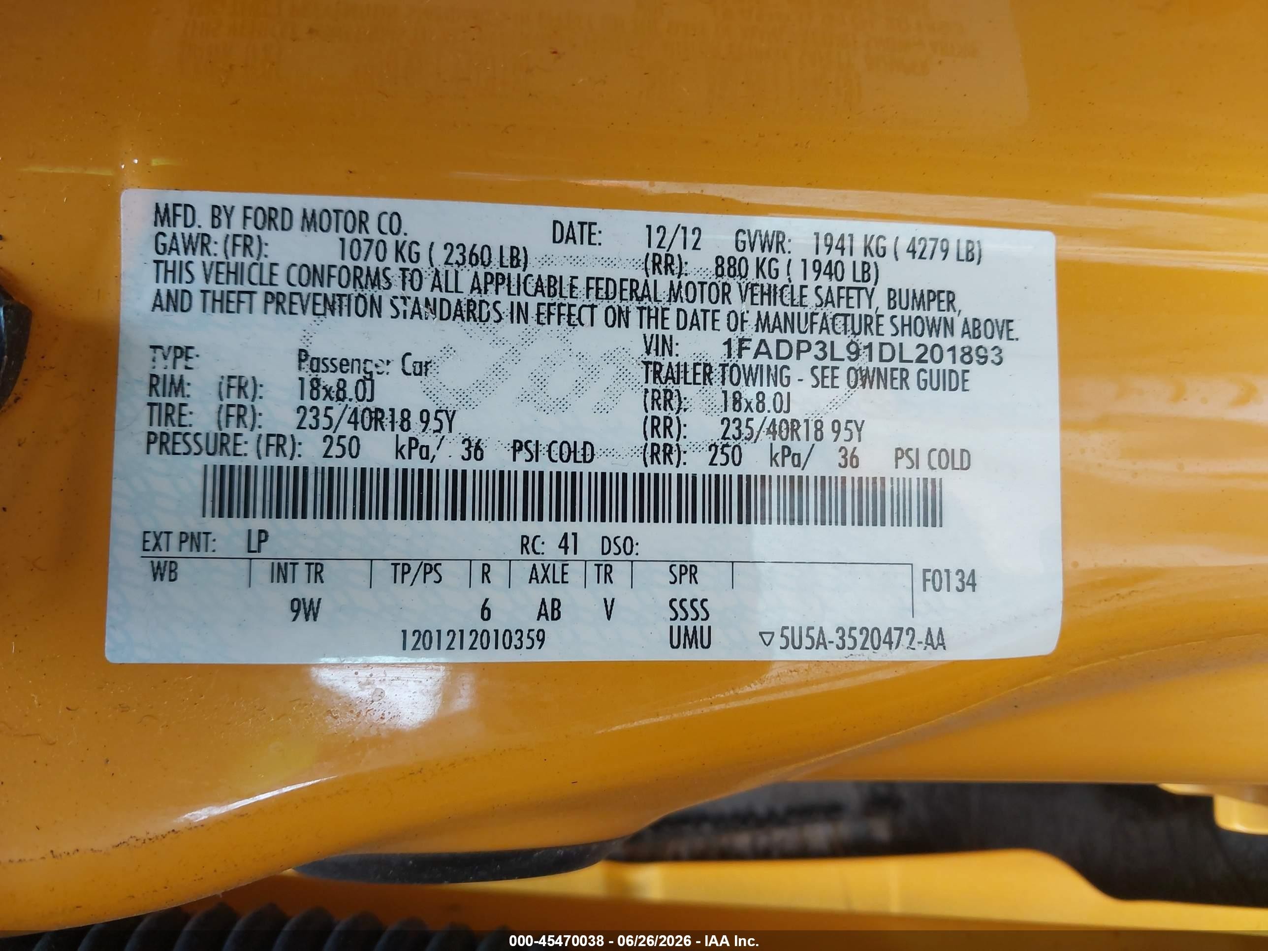 2013 Ford Focus St   Yellow vin: 1FADP3L91DL201893