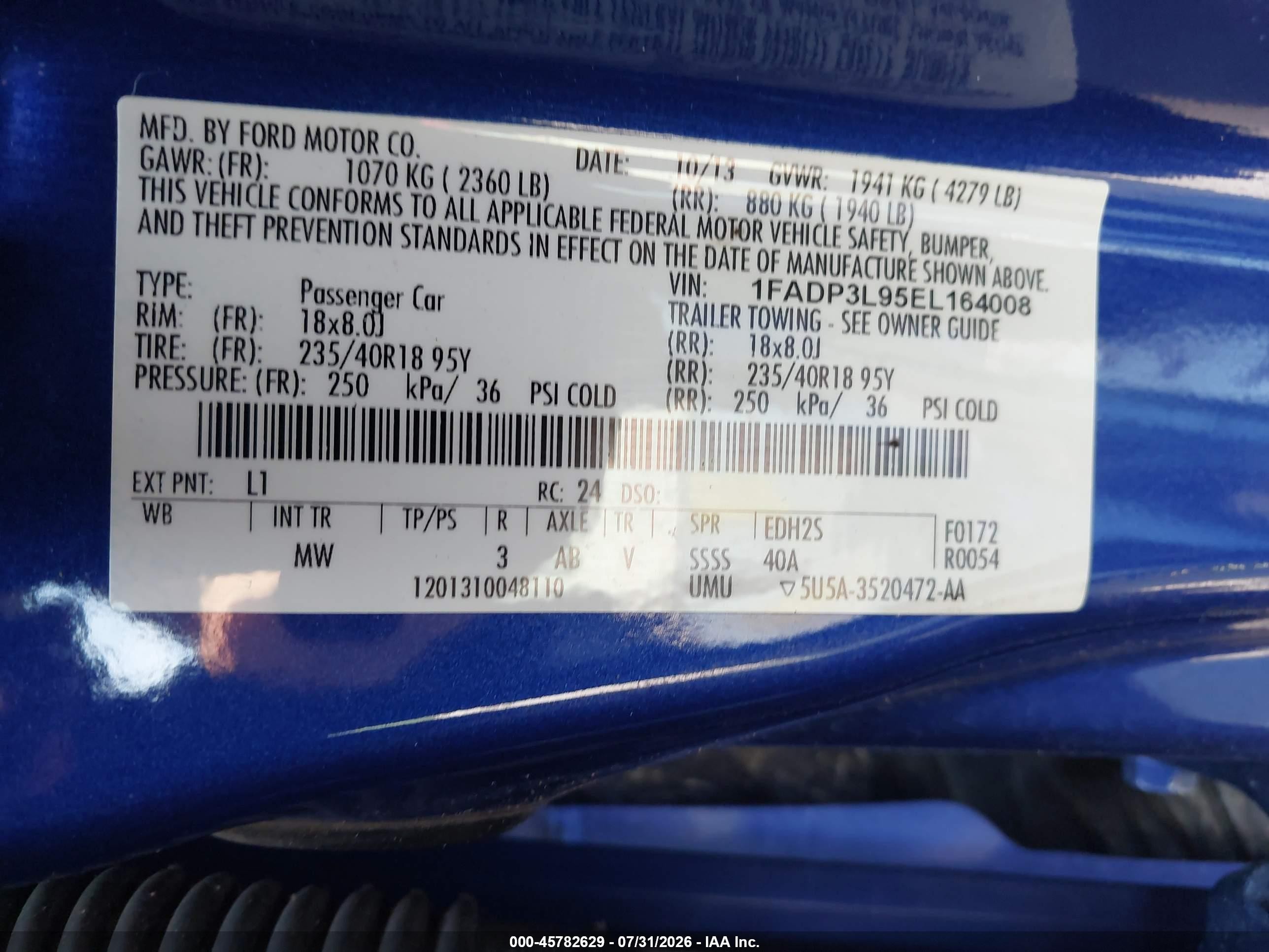 2014 Ford Focus St   Blue vin: 1FADP3L95EL164008