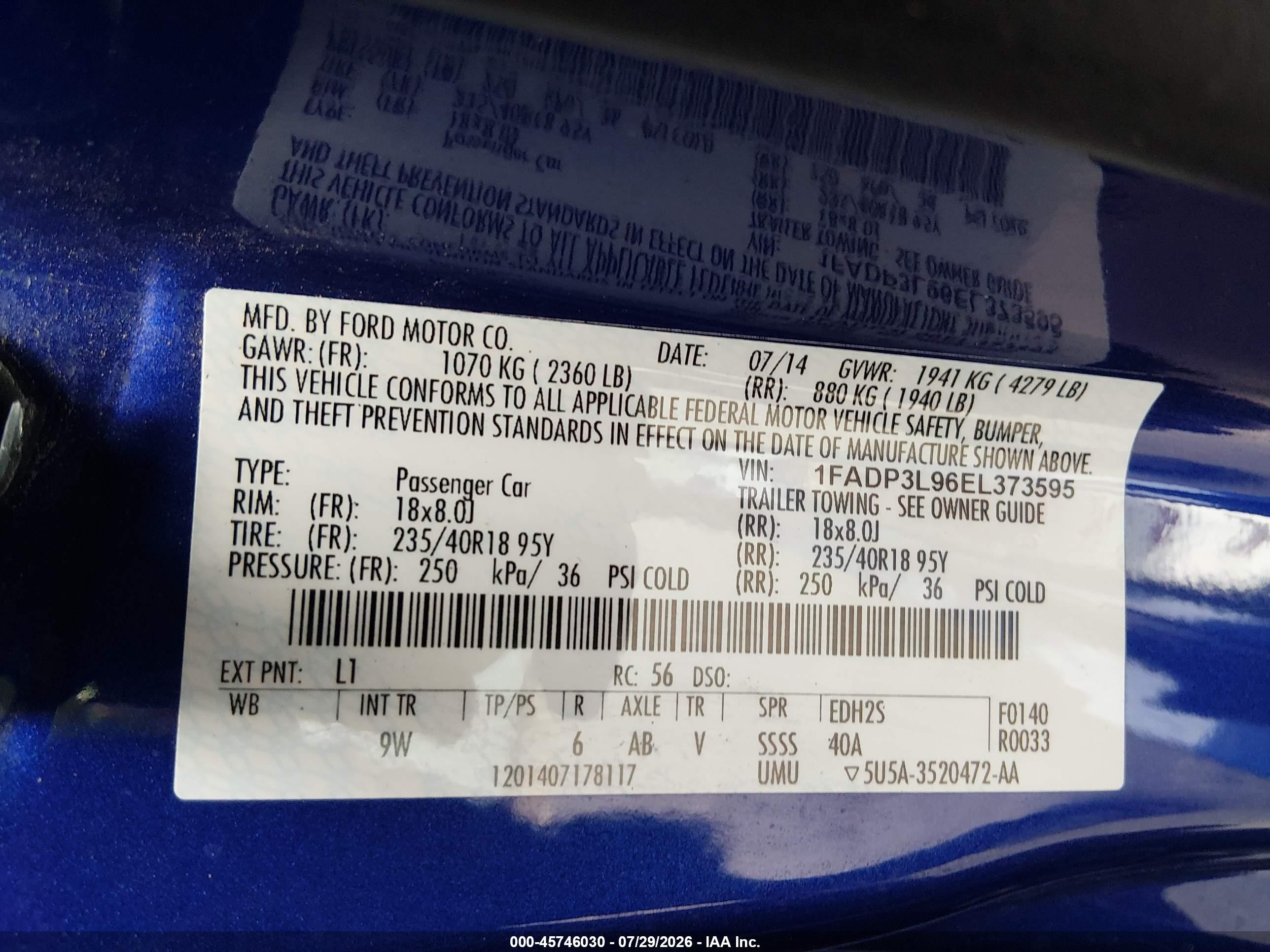 2014 Ford Focus St   Blue vin: 1FADP3L96EL373595