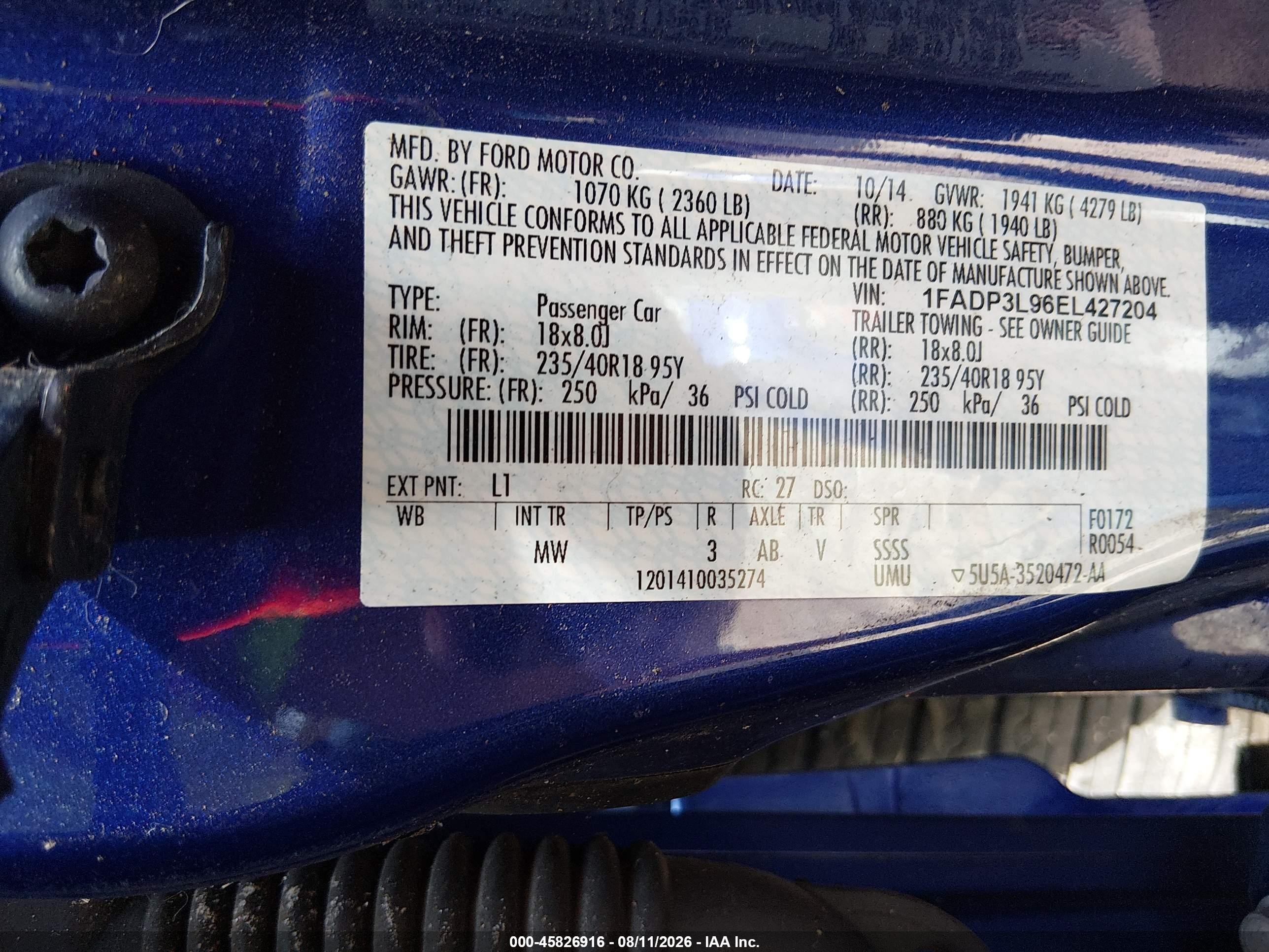 2014 Ford Focus St   Blue vin: 1FADP3L96EL427204