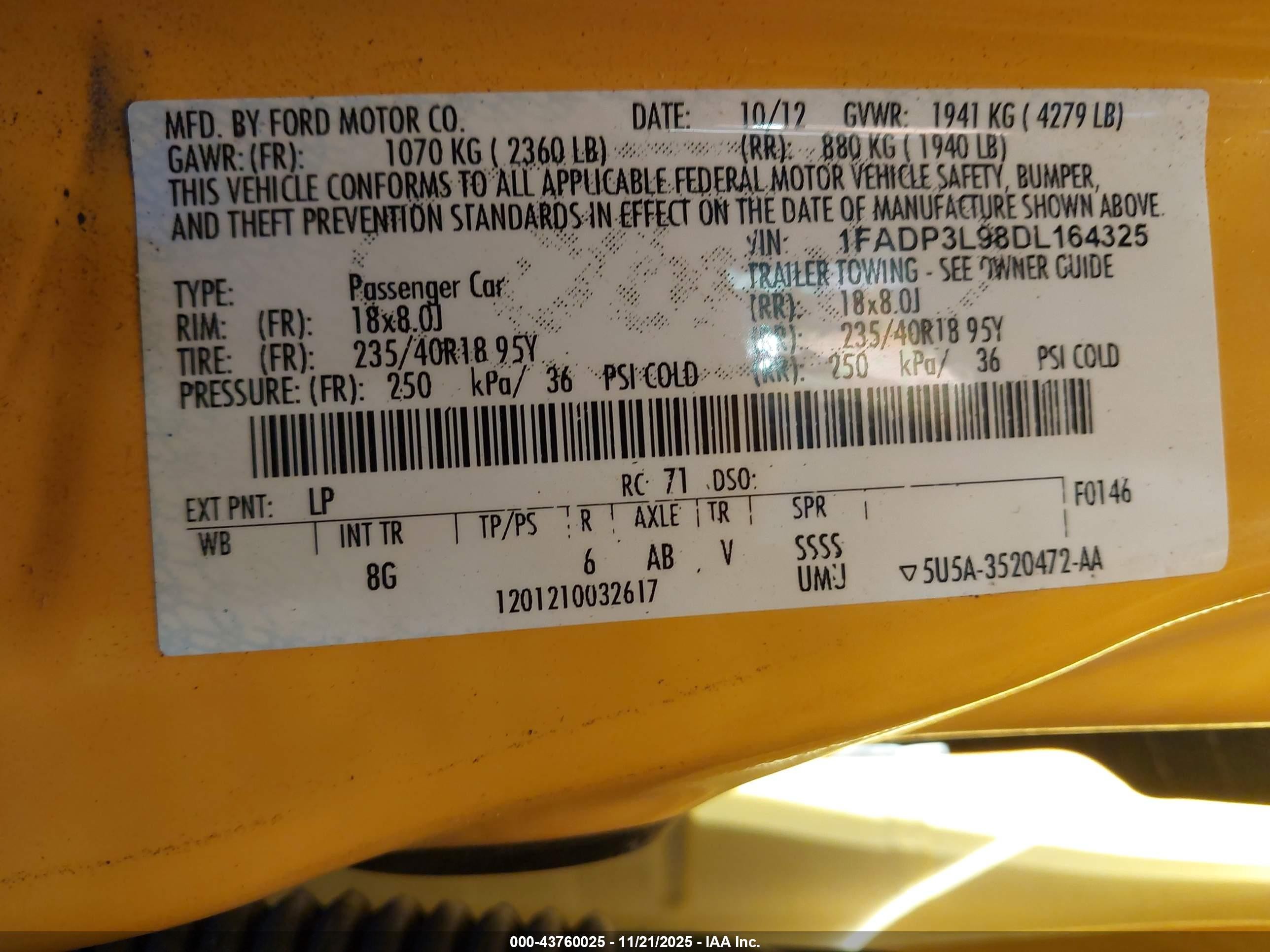 2013 Ford Focus St   Yellow vin: 1FADP3L98DL164325