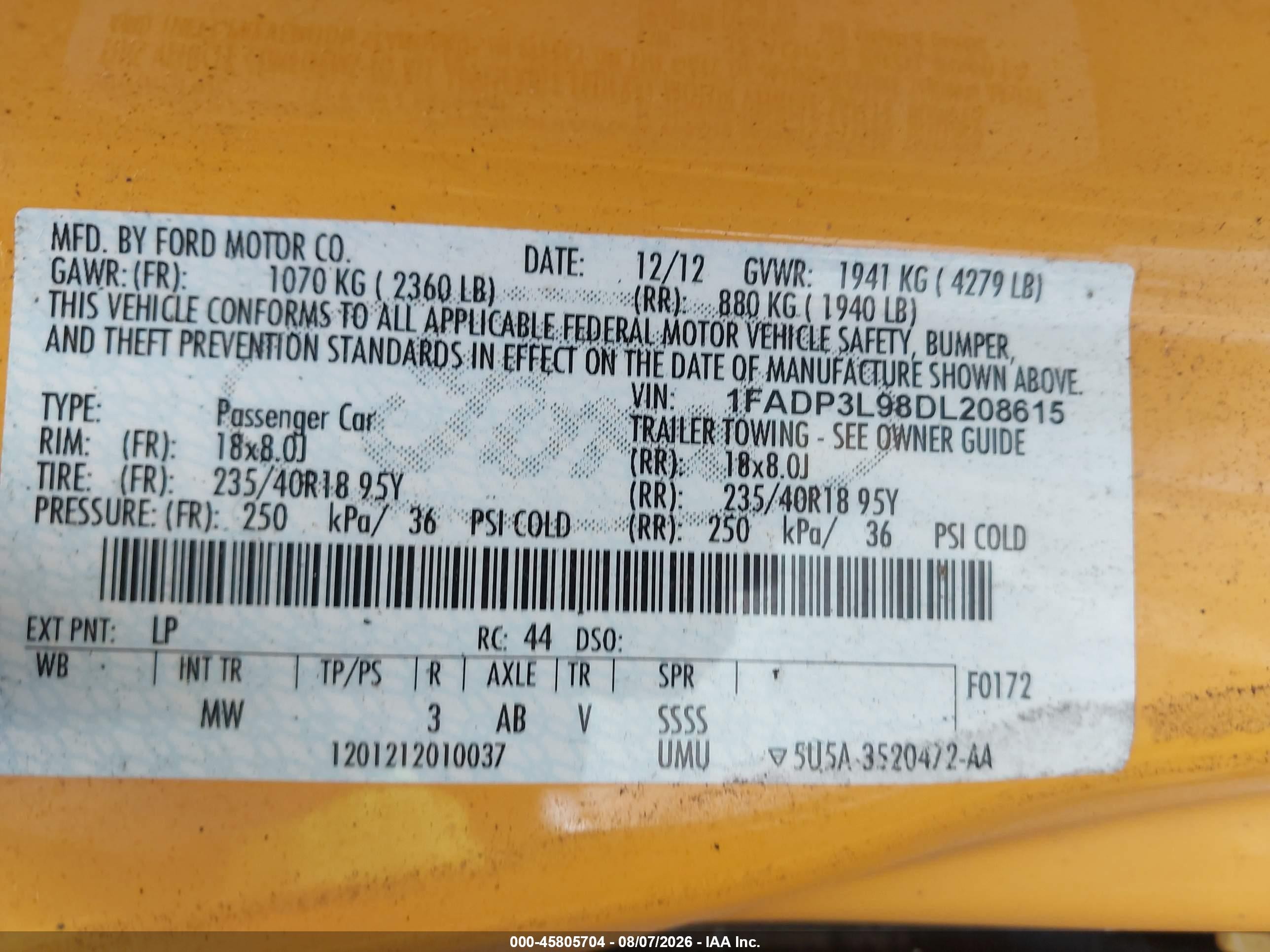 2013 Ford Focus St   Желтый vin: 1FADP3L98DL208615