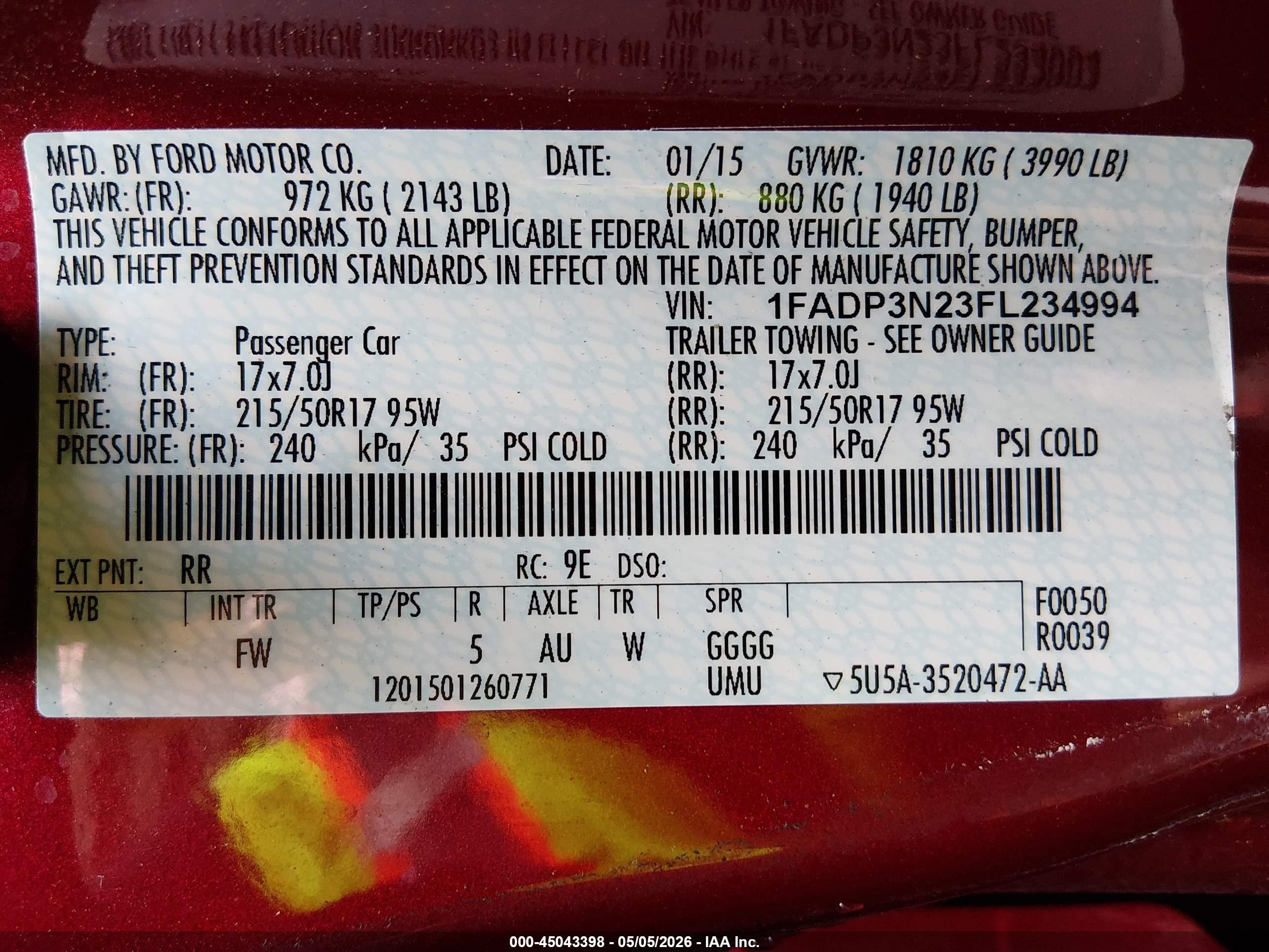 2015 Ford Focus Titanium Red vin: 1FADP3N23FL234994