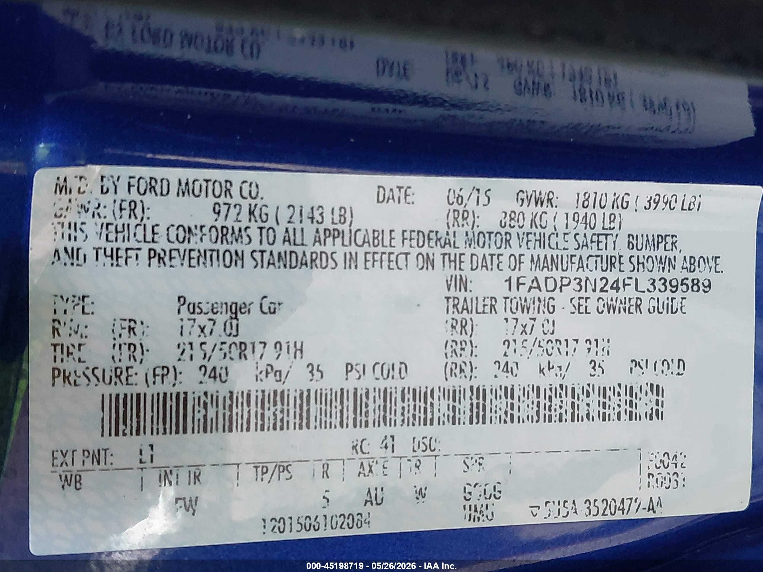 2015 Ford Focus Titanium Blue vin: 1FADP3N24FL339589