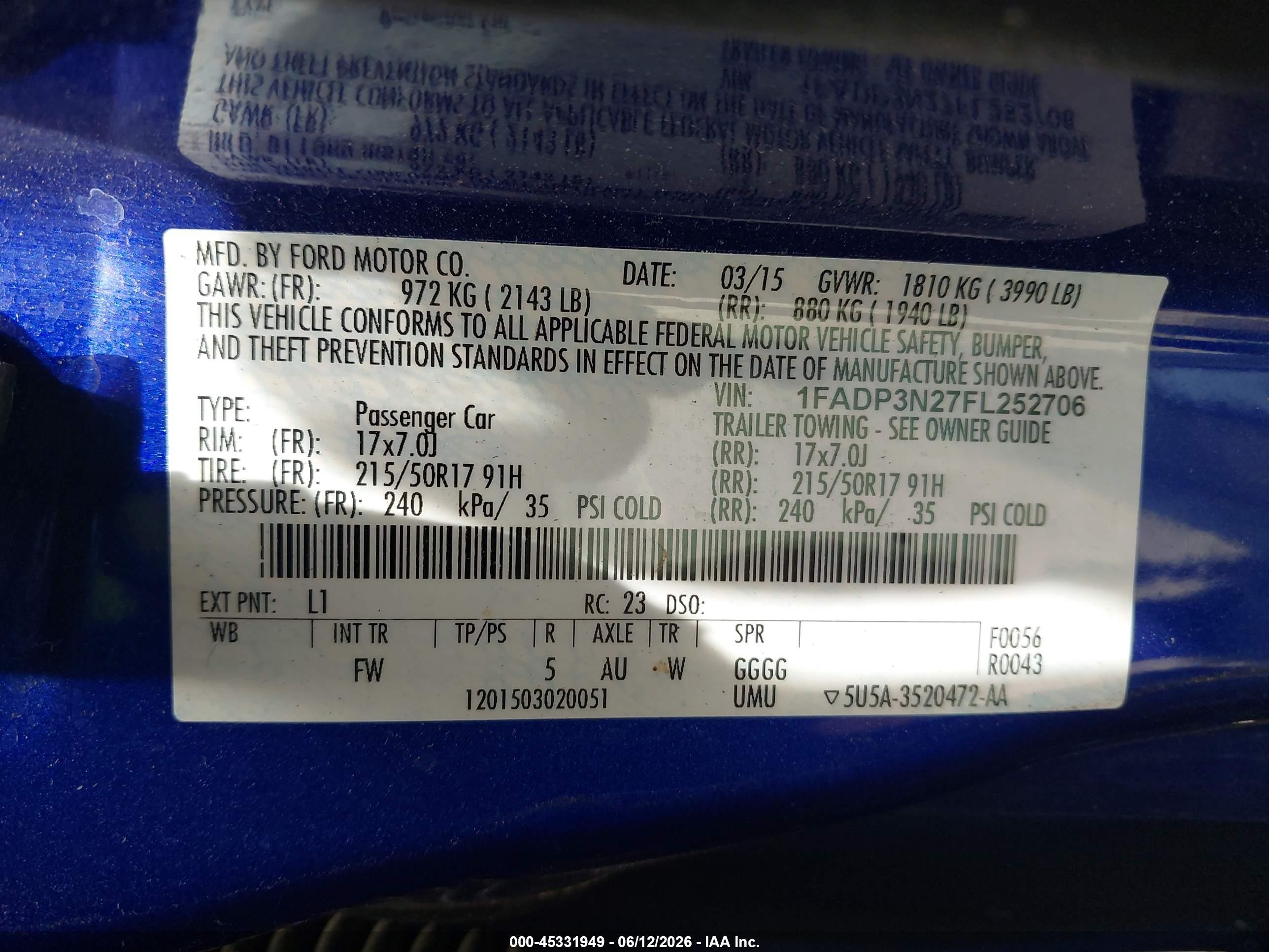 2015 Ford Focus Titanium Blue vin: 1FADP3N27FL252706