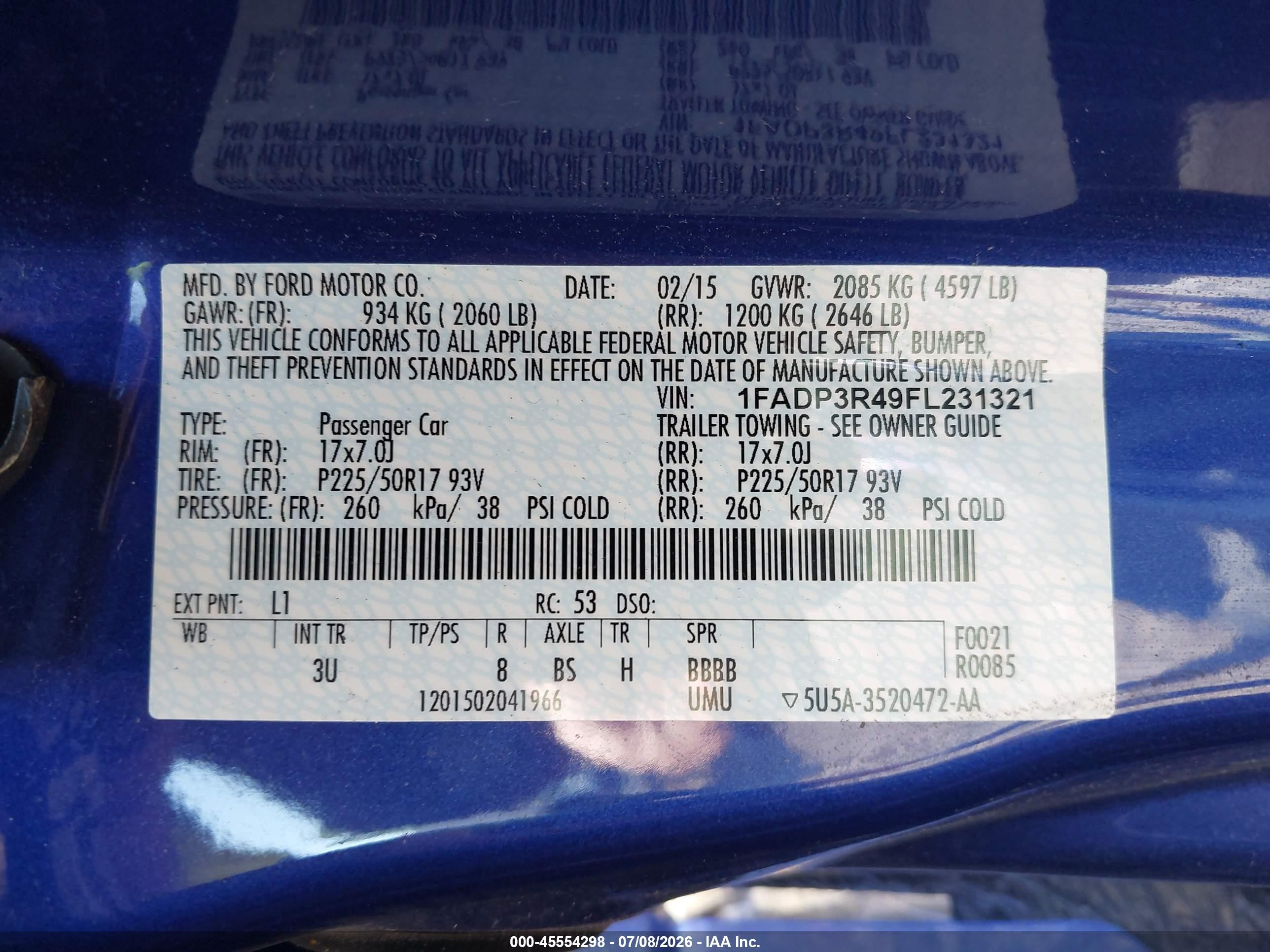 2015 Ford Focus Electric   Blue vin: 1FADP3R49FL231321