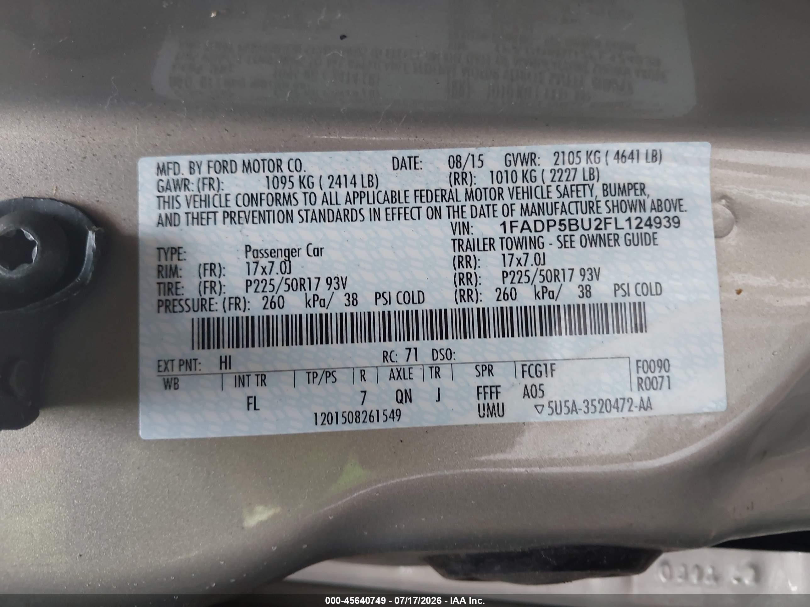 2015 Ford C-max Hybrid Sel Gold vin: 1FADP5BU2FL124939