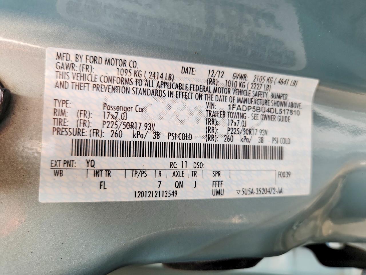 2013 Ford C-max Sel Turquoise vin: 1FADP5BU4DL517810