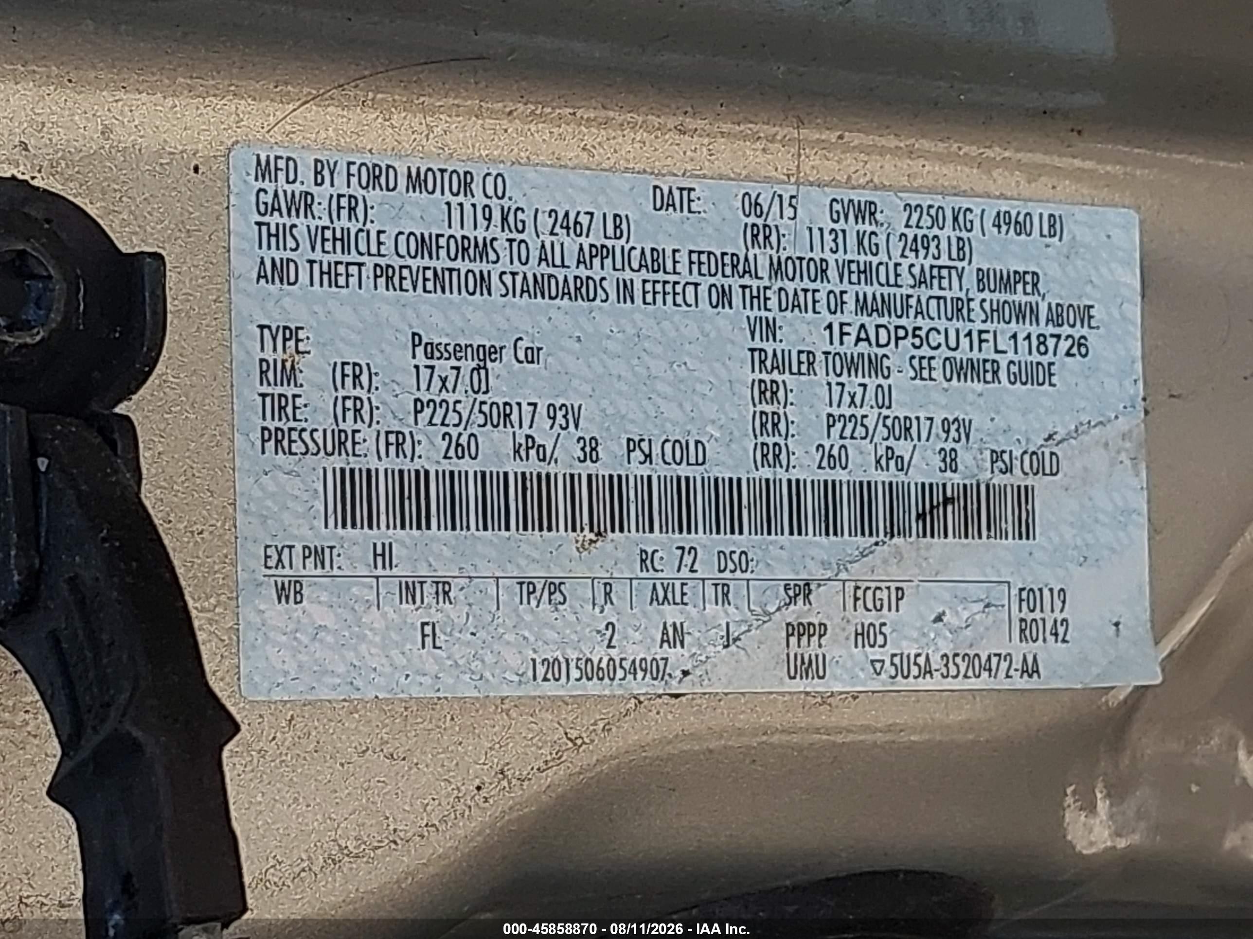 2015 Ford C-max Energi Sel Gold vin: 1FADP5CU1FL118726